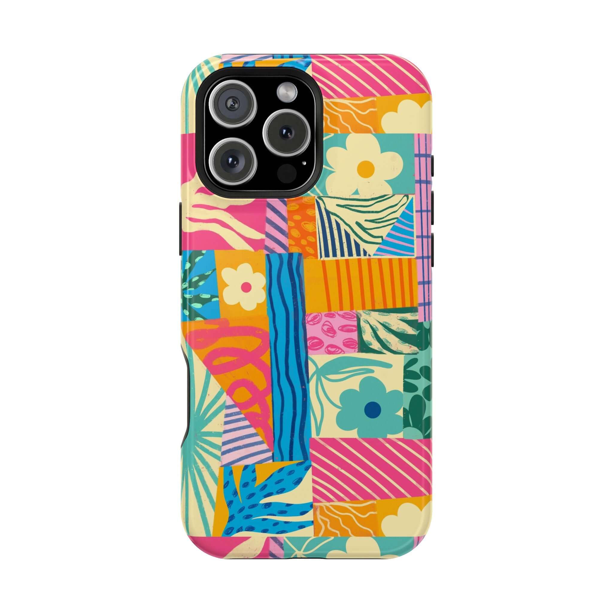 Sunny Tides colorful patchwork case for iPhone 16, cute phone case for beach lovers with vibrant, playful design.