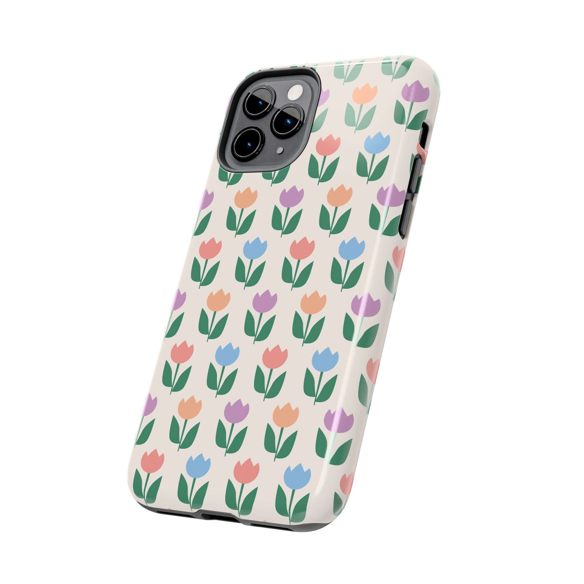 Stroll through Amsterdam Tulip Case for iPhone 14 Pro Max with colorful floral tulip design on a phone case