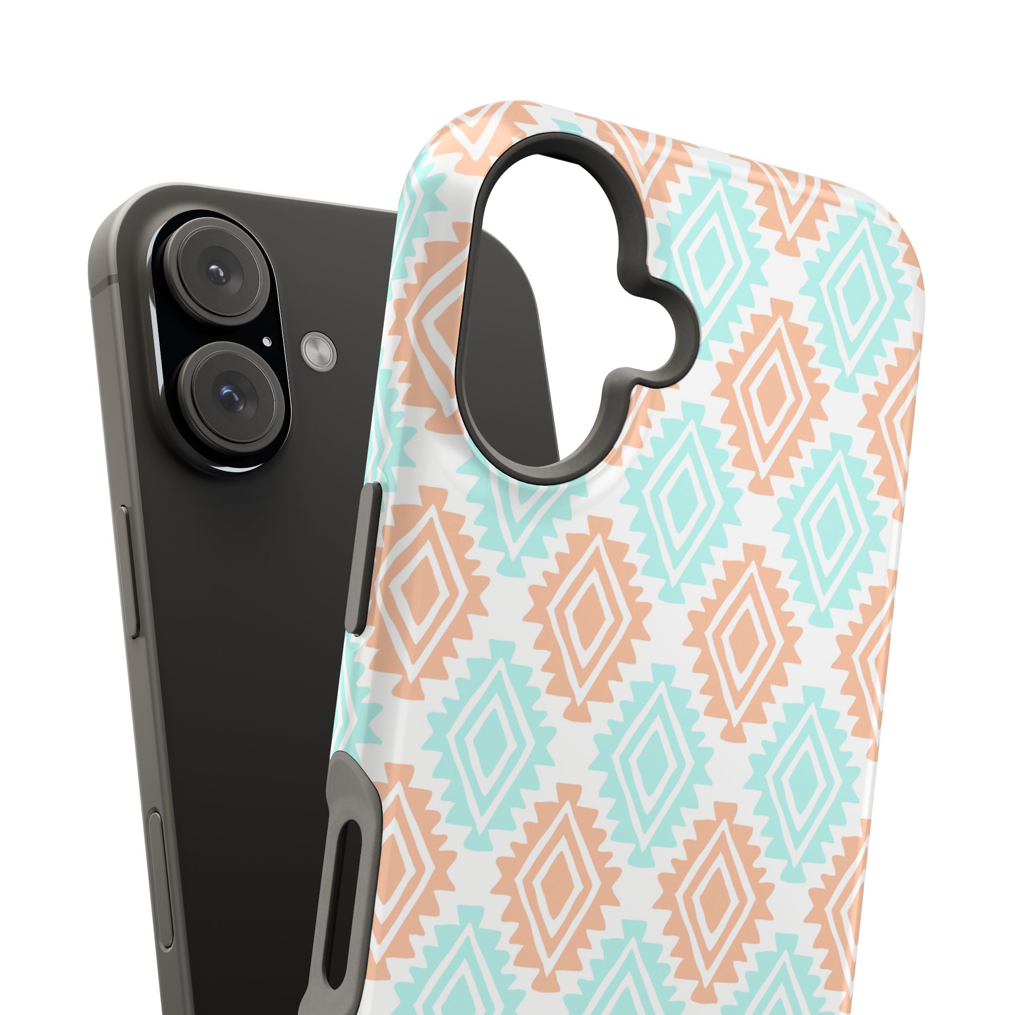 Southwestern MagSafe iPhone case with abstract design, featuring cute geometric patterns in pastel hues. Ideal phone cover choice!