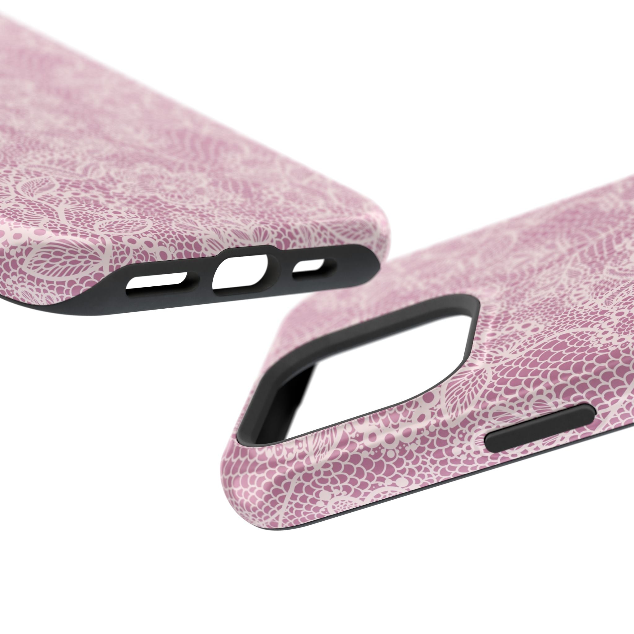 Pink Lace MagSafe iPhone Case with floral design, perfect cute phone cover for style and protection.