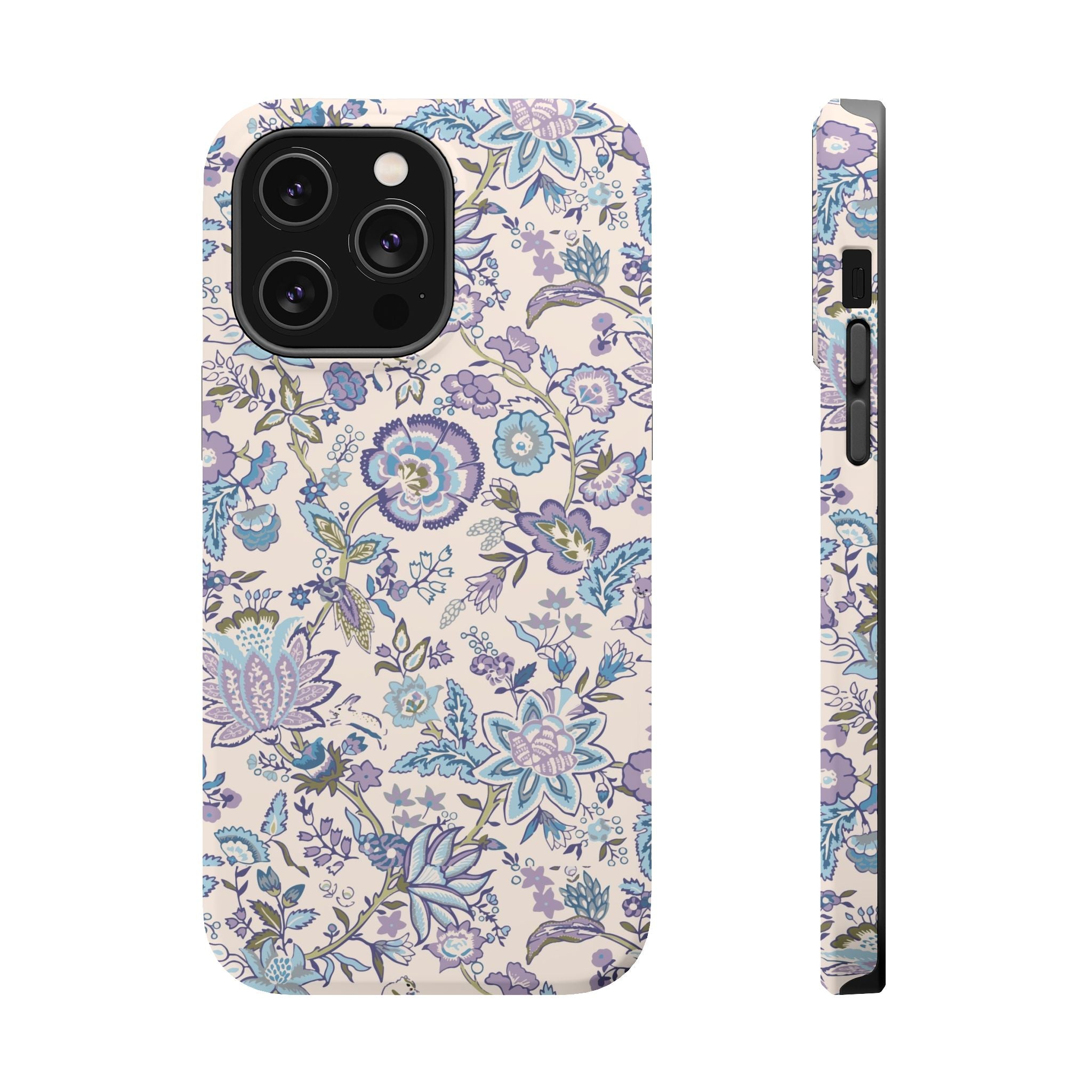 Blue CottageCore floral MagSafe iPhone case, cute phone cover with whimsical garden design, perfect for nature lovers.