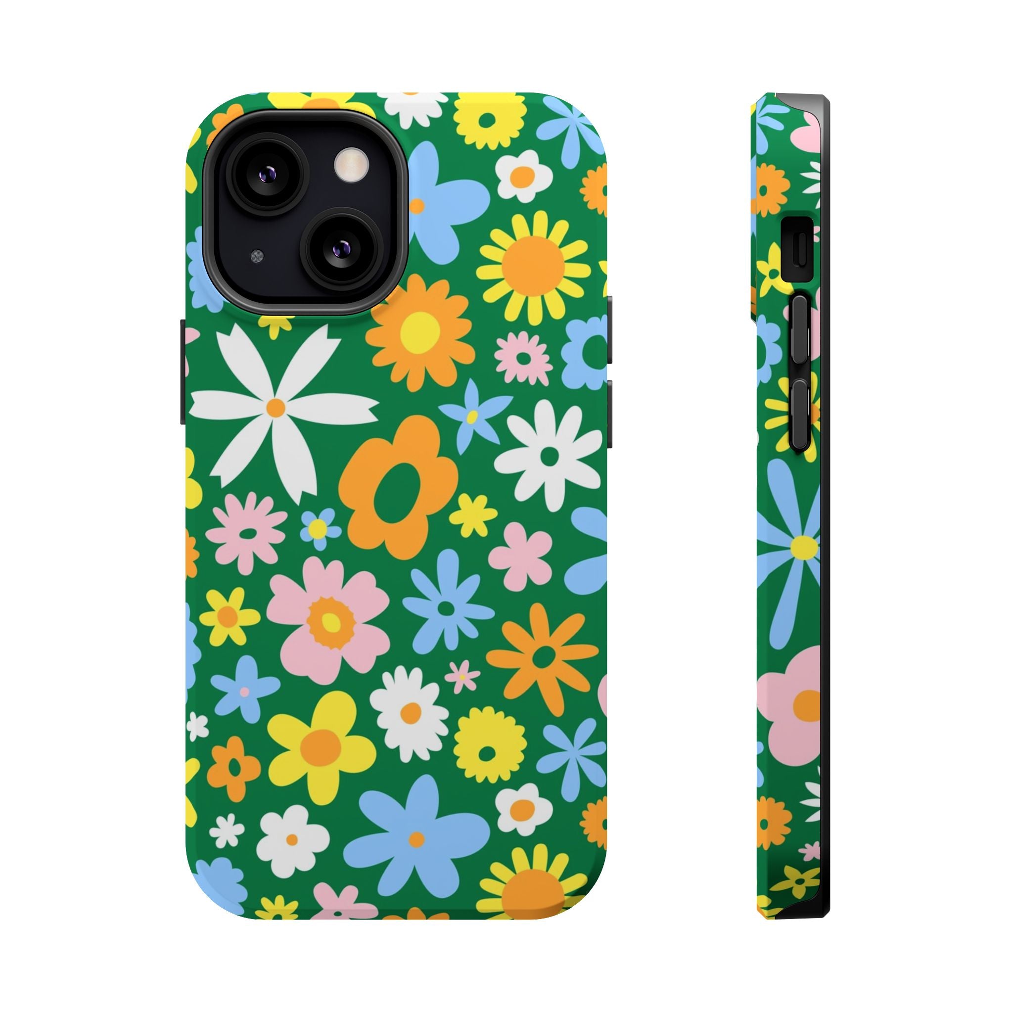 Vibrant floral MagSafe iPhone case with a hippie design and green background, perfect cute phone cover for flower power lovers.