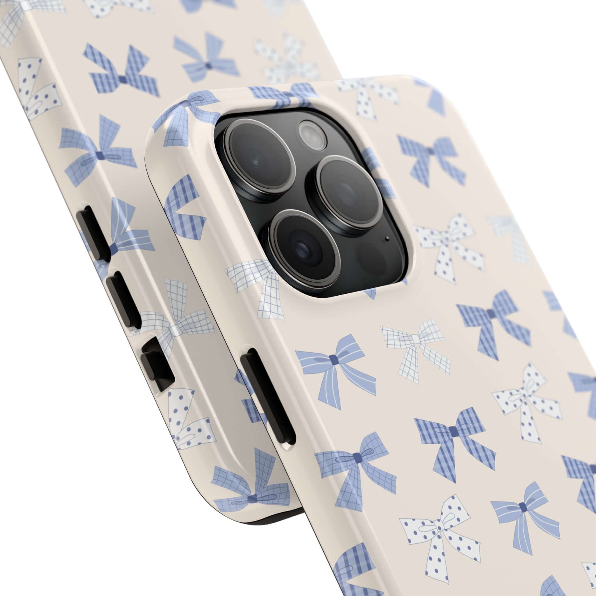 Cute phone case for iPhone 16 with blue bows, featuring a playful design perfect for a bride-to-be's stylish accessory.