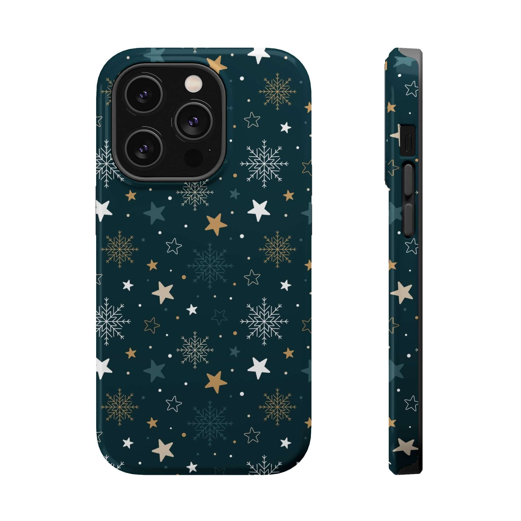 Festive Christmas phone case with snowflakes and stars design featuring MagSafe compatibility for holiday cheer and secure charging