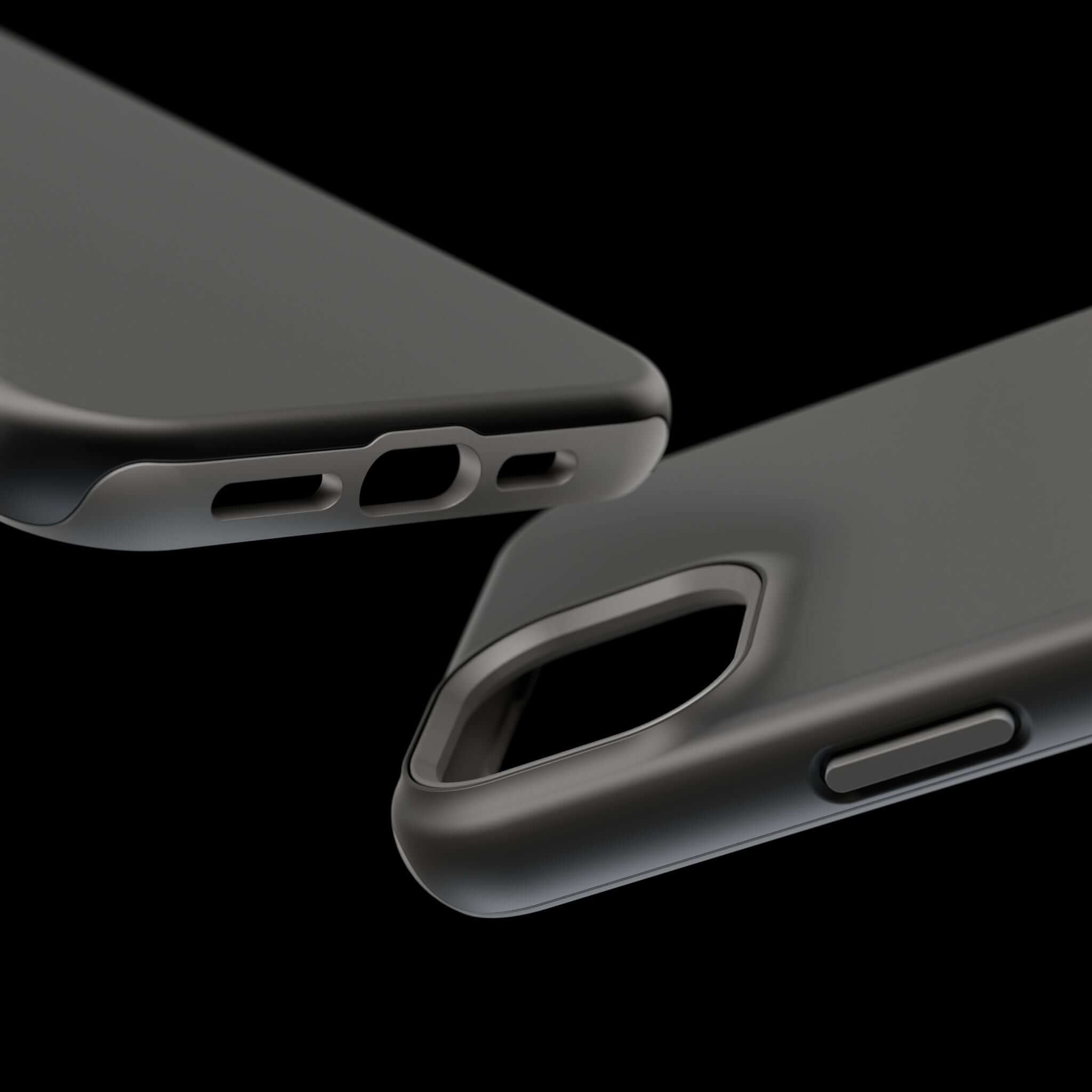 Solid black iPhone case made with durable materials, showcasing precise cutouts and sleek design, from cute phone case brands. Free shipping available.