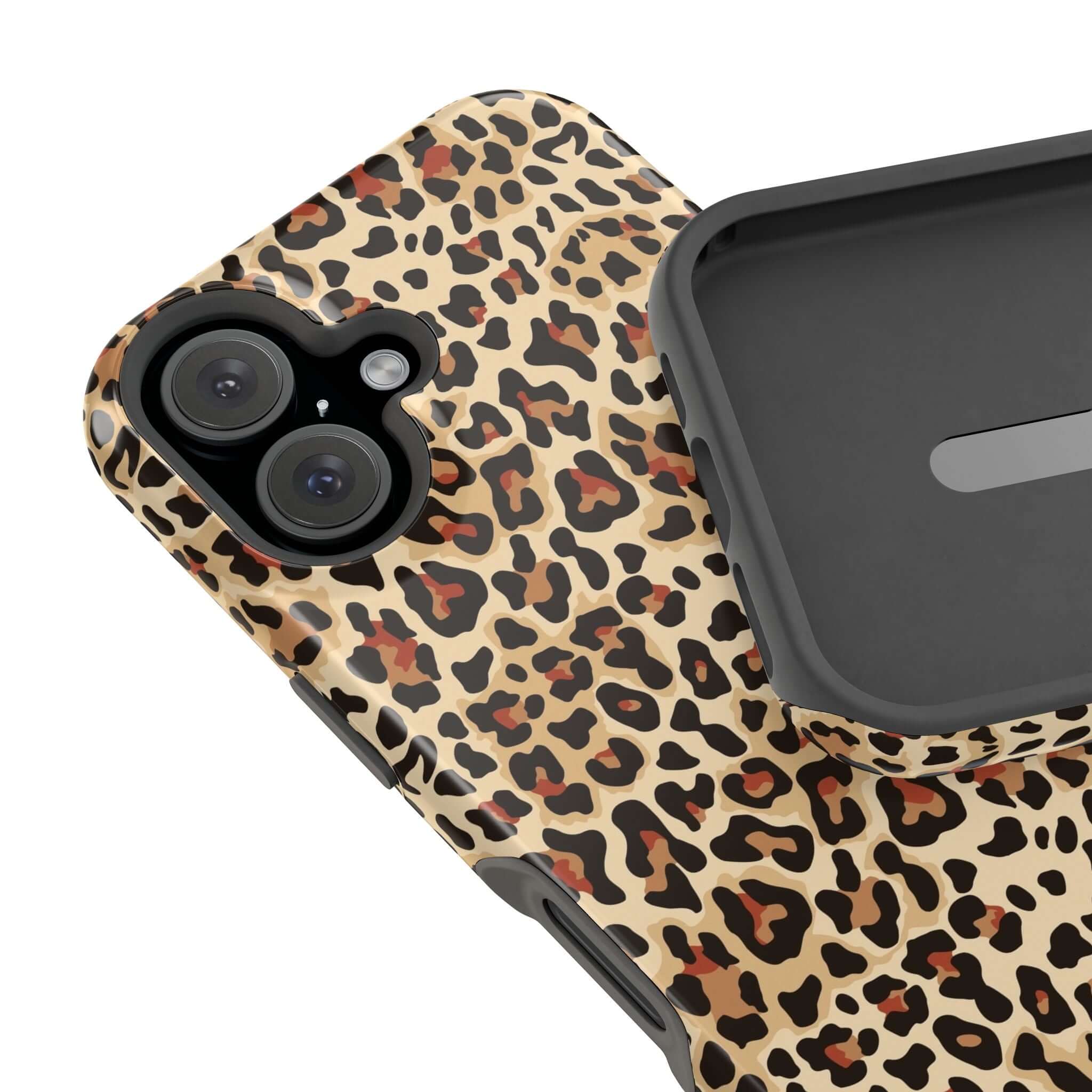 Colorful leopard print iPhone case, cute and abstract design, featuring MagSafe compatibility for stylish and practical phone protection.