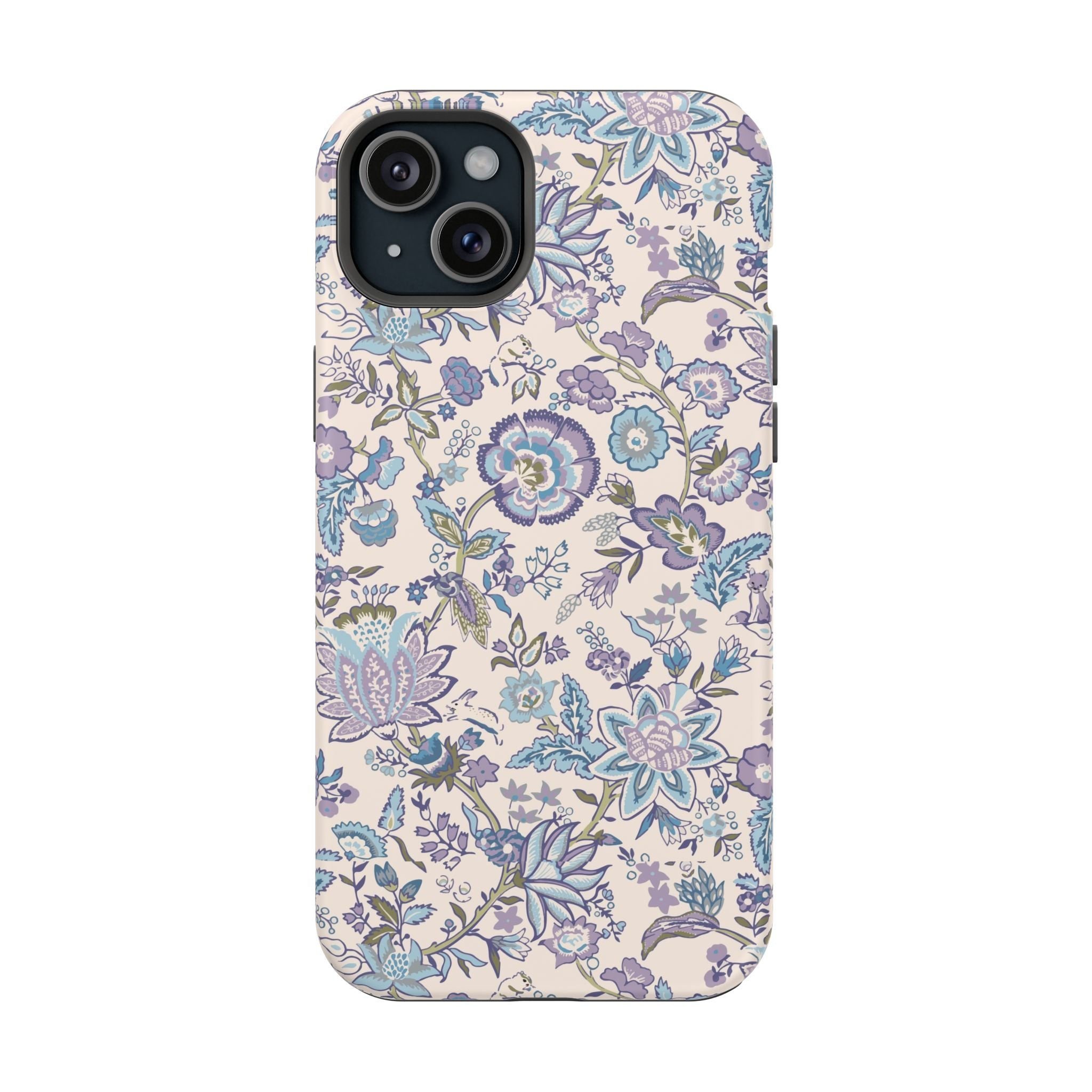 Blue CottageCore MagSafe iPhone case with cute floral design, whimsical garden strolls phone cover.