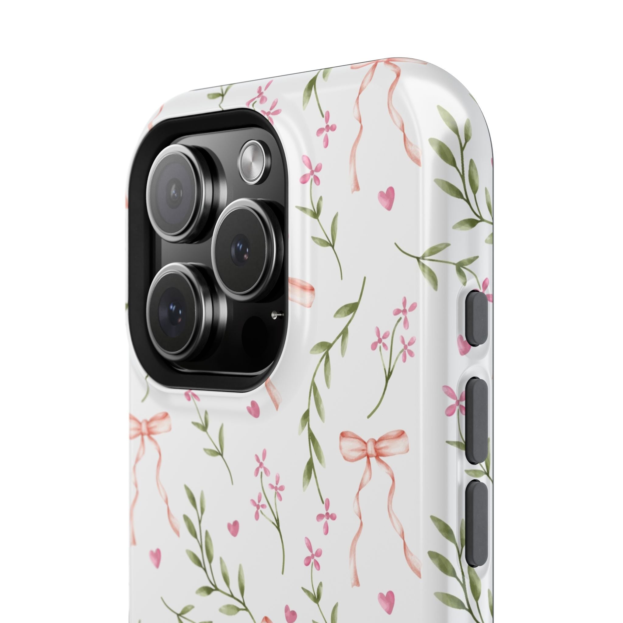 Cute floral MagSafe iPhone case with pink bows and whimsical design, perfect phone cover for the fun and fashionable.