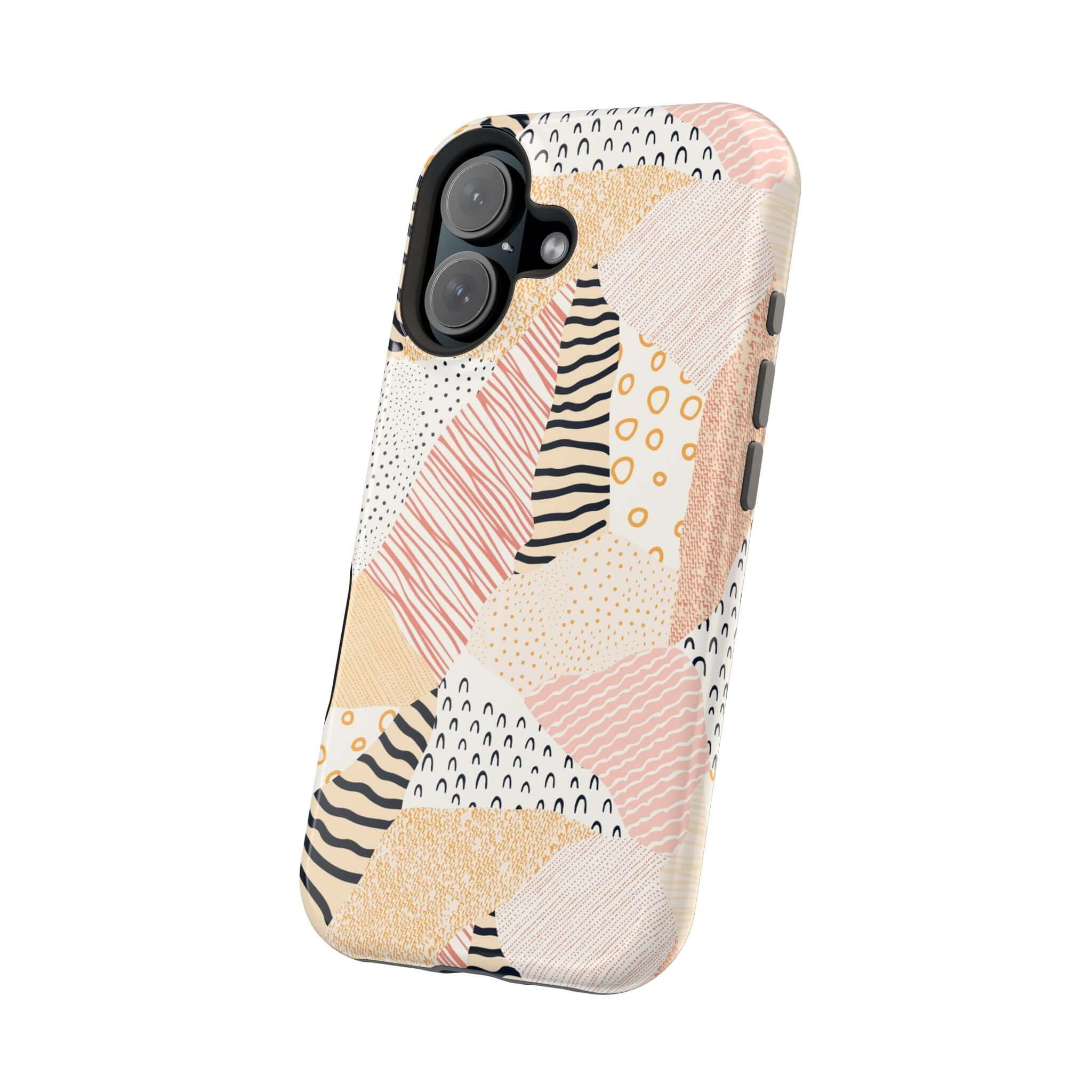 Cute pastel patchwork phone case for iPhone 16 with colorful patterns, adding a vibrant touch to your device.