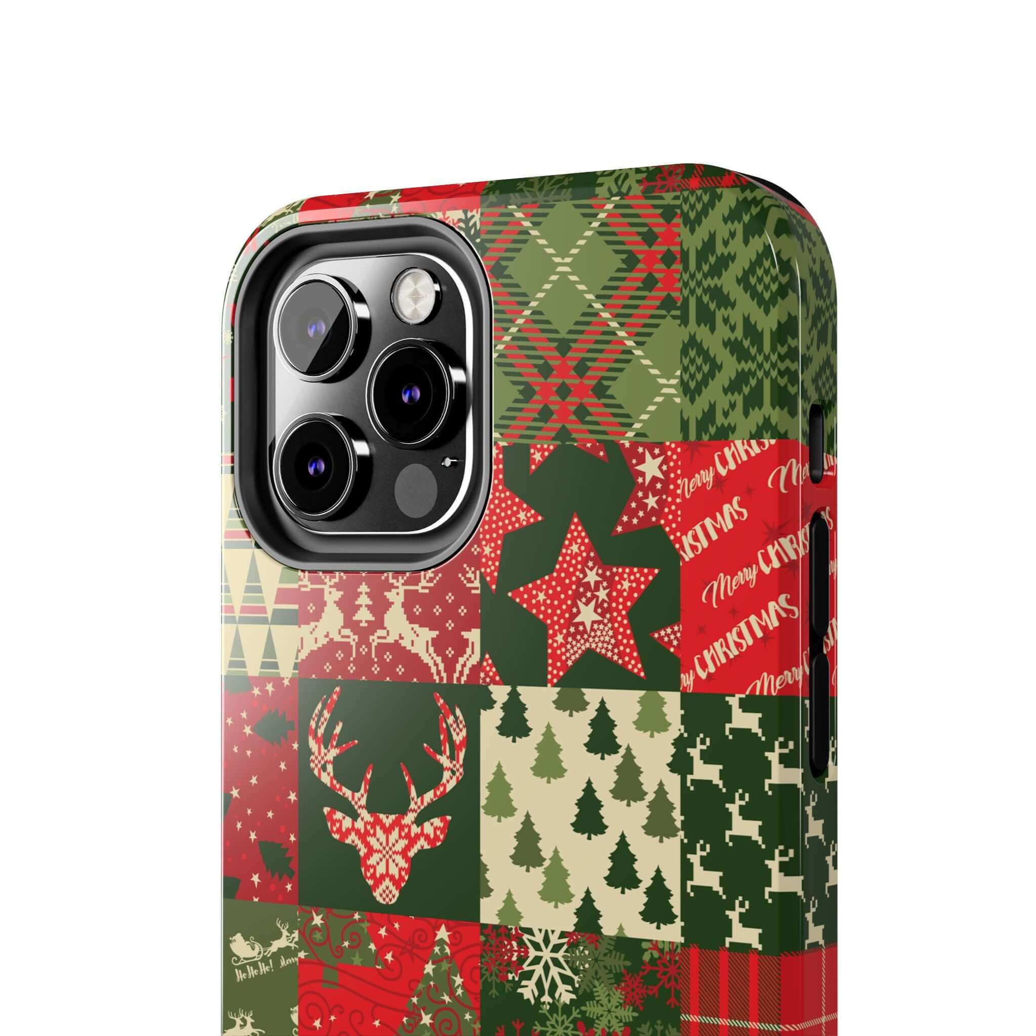 Festive Cute iPhone Case featuring Christmas trees, reindeer, and snowflakes in a green holiday pattern, perfect for seasonal style.