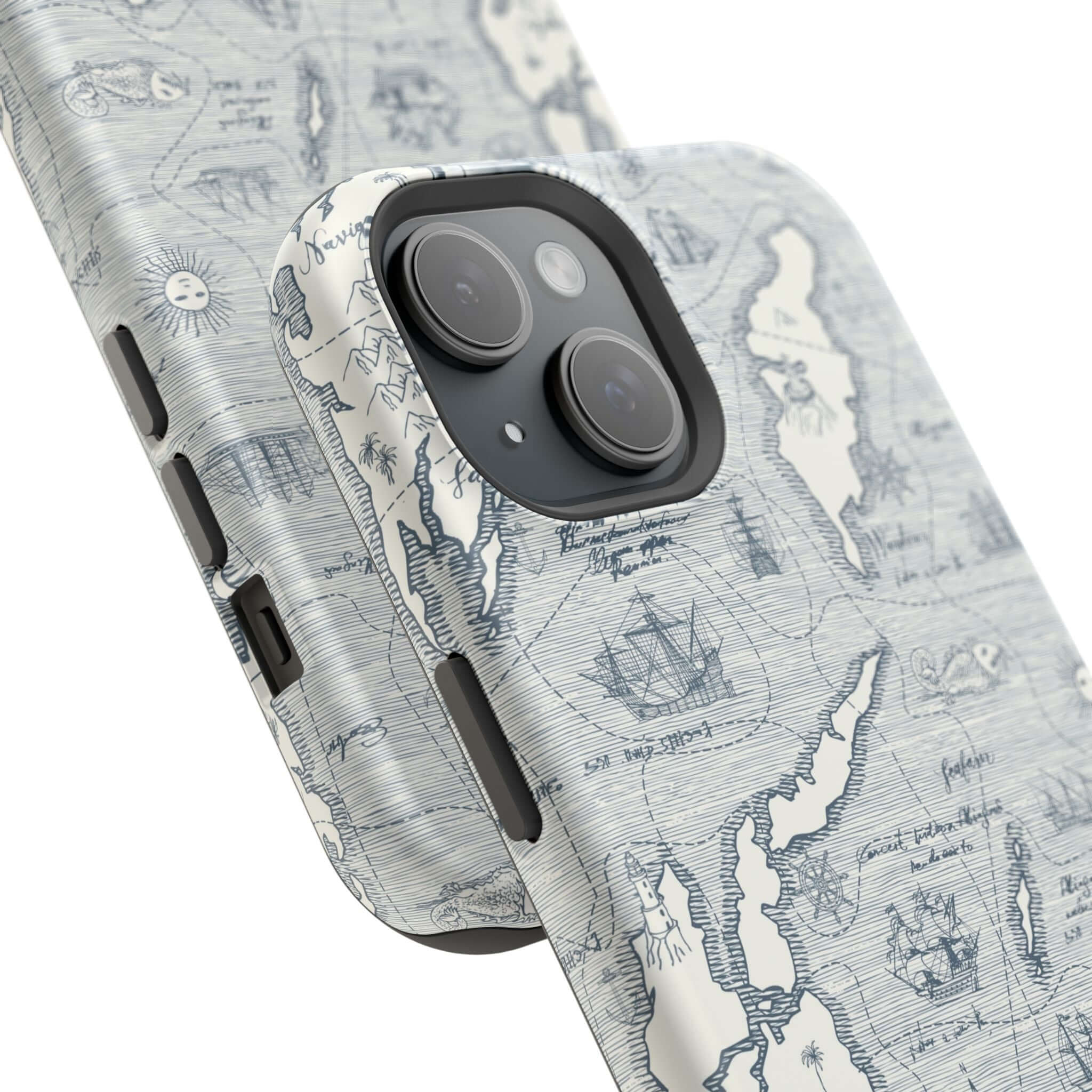 Teal Pirates Passageway iPhone 14 Pro Max phone case featuring a nautical map design with MagSafe technology