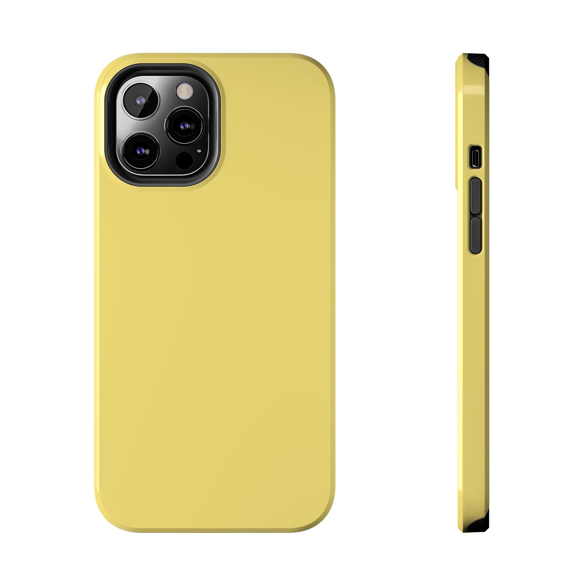 Solid yellow iPhone case, Lemon Drop design, adds a playful pop of color. Cute phone case for iPhone, simple yet standout style.