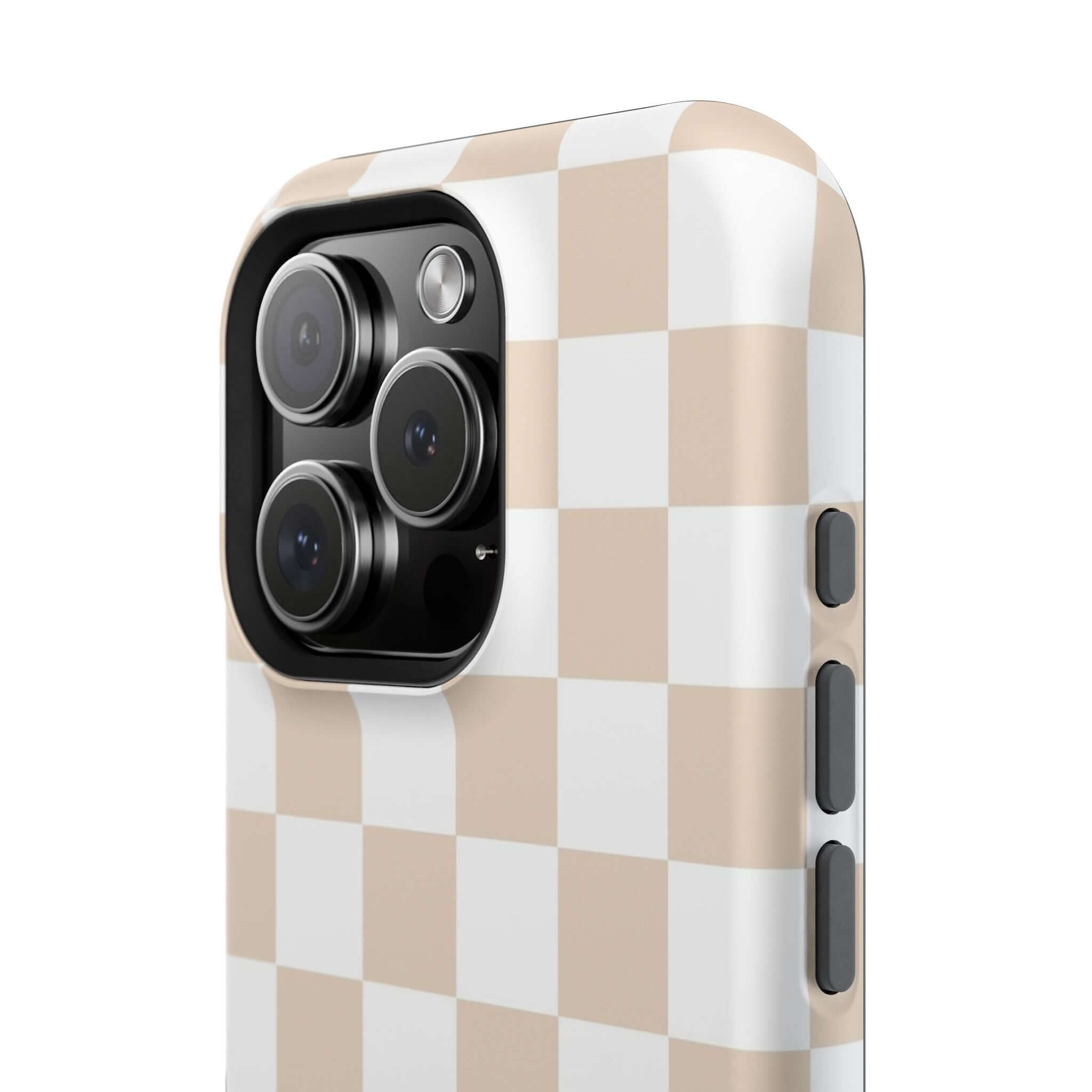 Cute MagSafe iPhone 16 Case in cream checkered print, offering stylish beige protection for your phone