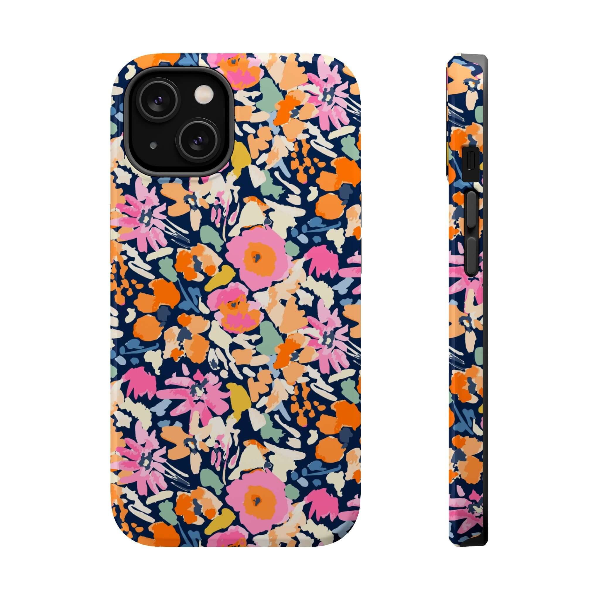 Colorful floral Botanic Burst iPhone 16 MagSafe case, featuring cute protective design with bright flowers, side and back views.