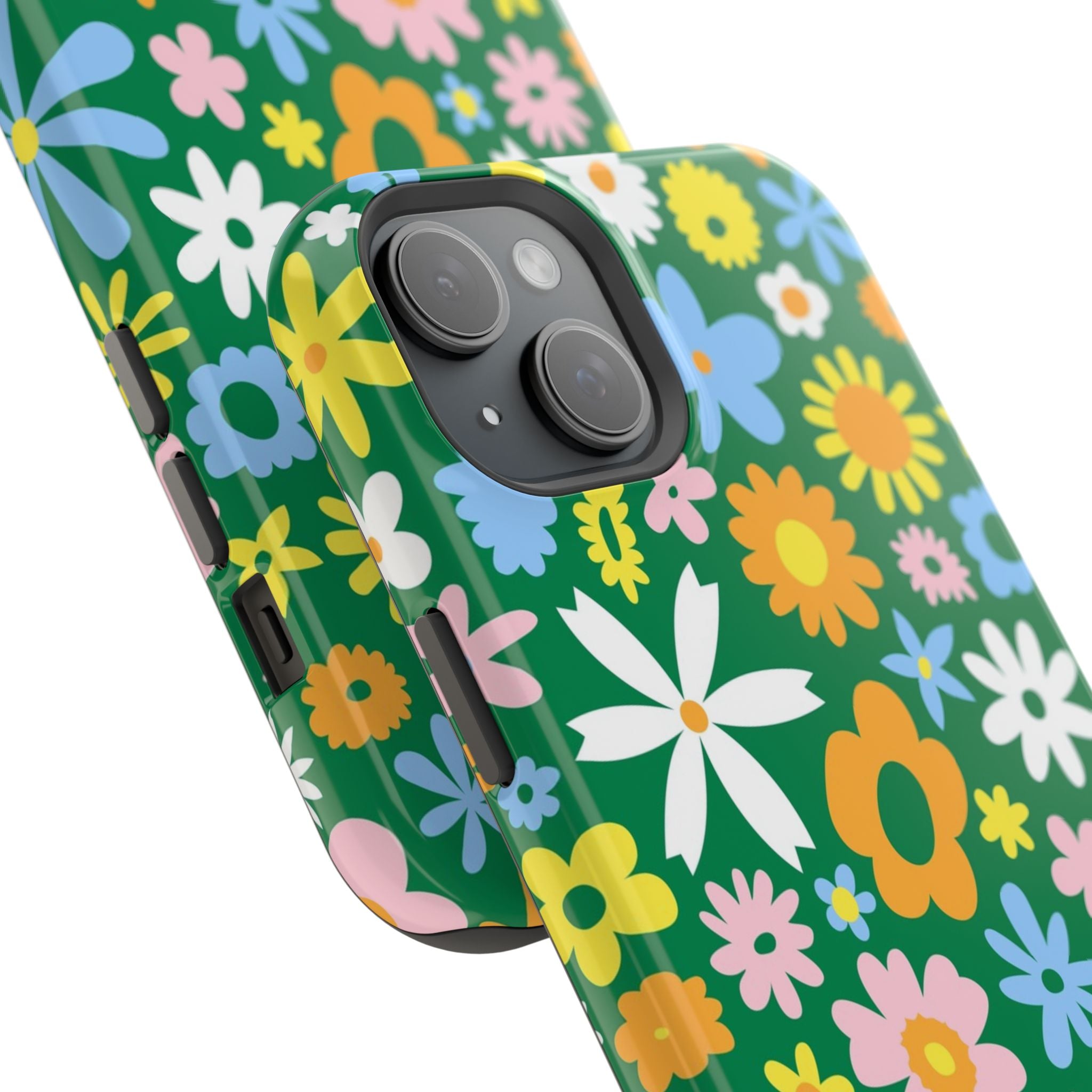 Vibrant floral MagSafe iPhone case with colorful hippie flowers on green background, cute phone cover for stylish protection.