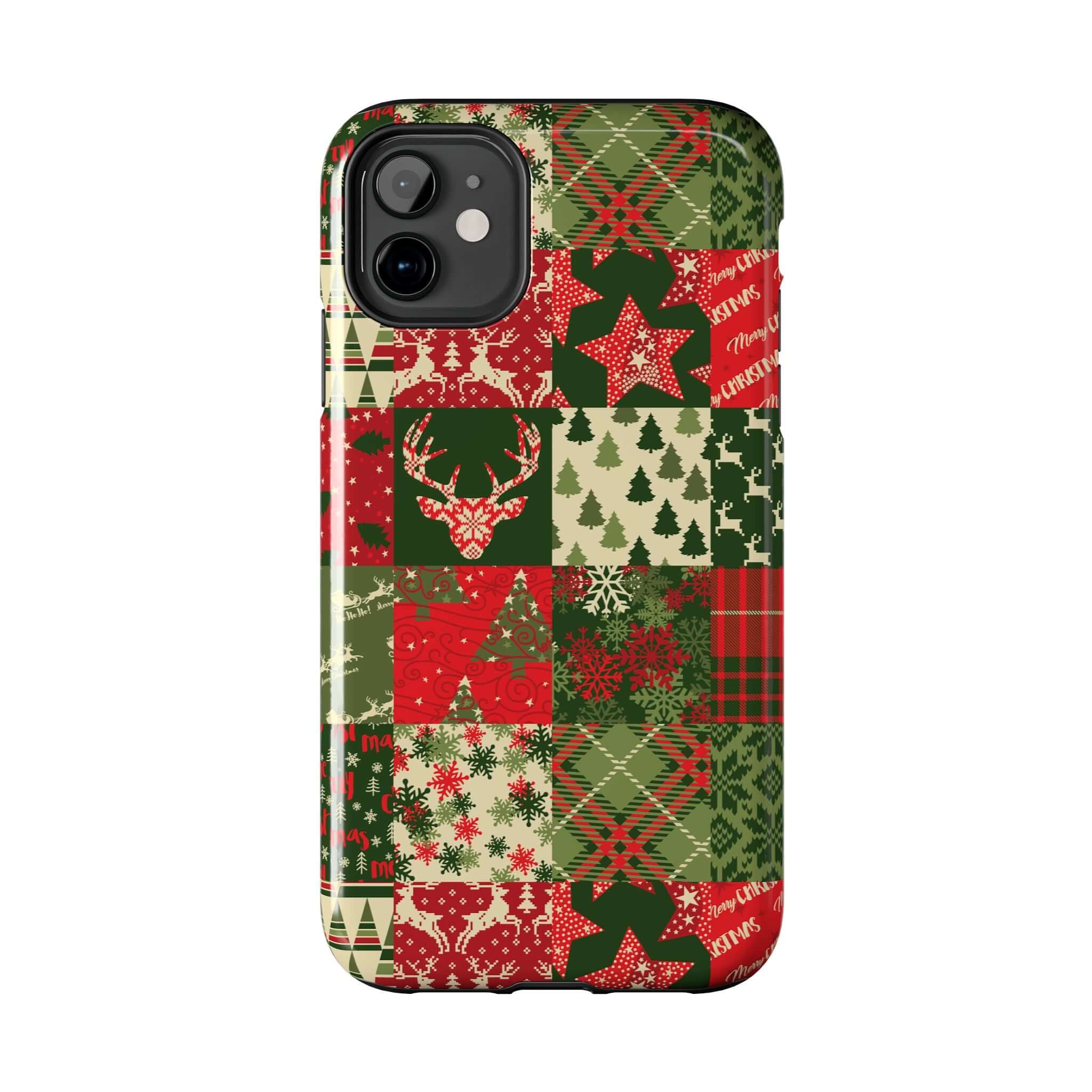 Cute iPhone case with green and red holiday design featuring Christmas trees, snowflakes, and plaid patterns. Cozy Quiltmas festive phone case.