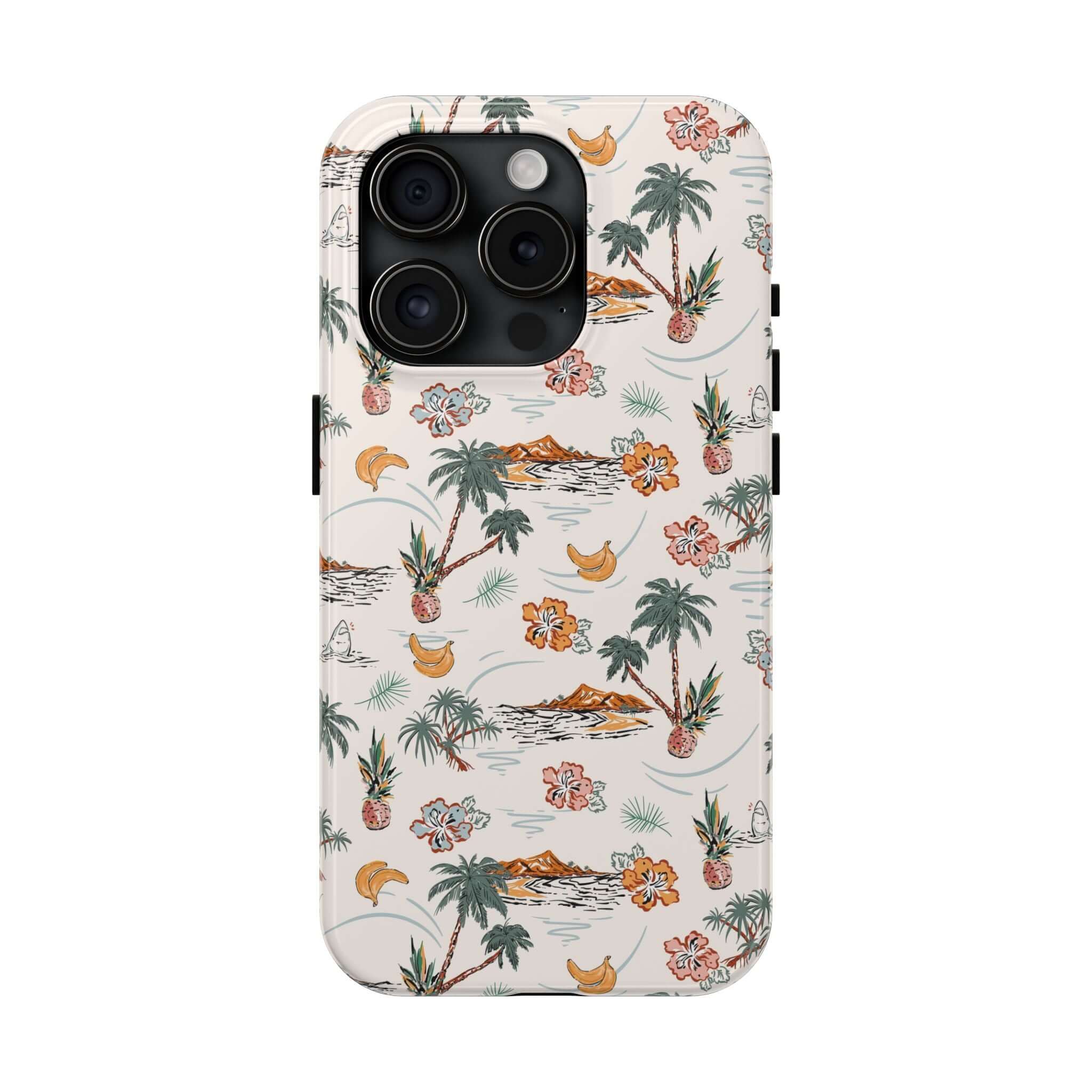 Cute iPhone 14 case with tropical palm tree design, perfect for beach getaways, offering free shipping.