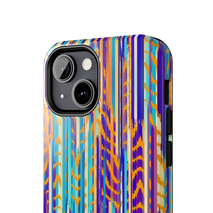 Colorful abstract tie dye iPhone case with vibrant stripes, showcases a unique design, perfect for a cute, standout phone accessory.