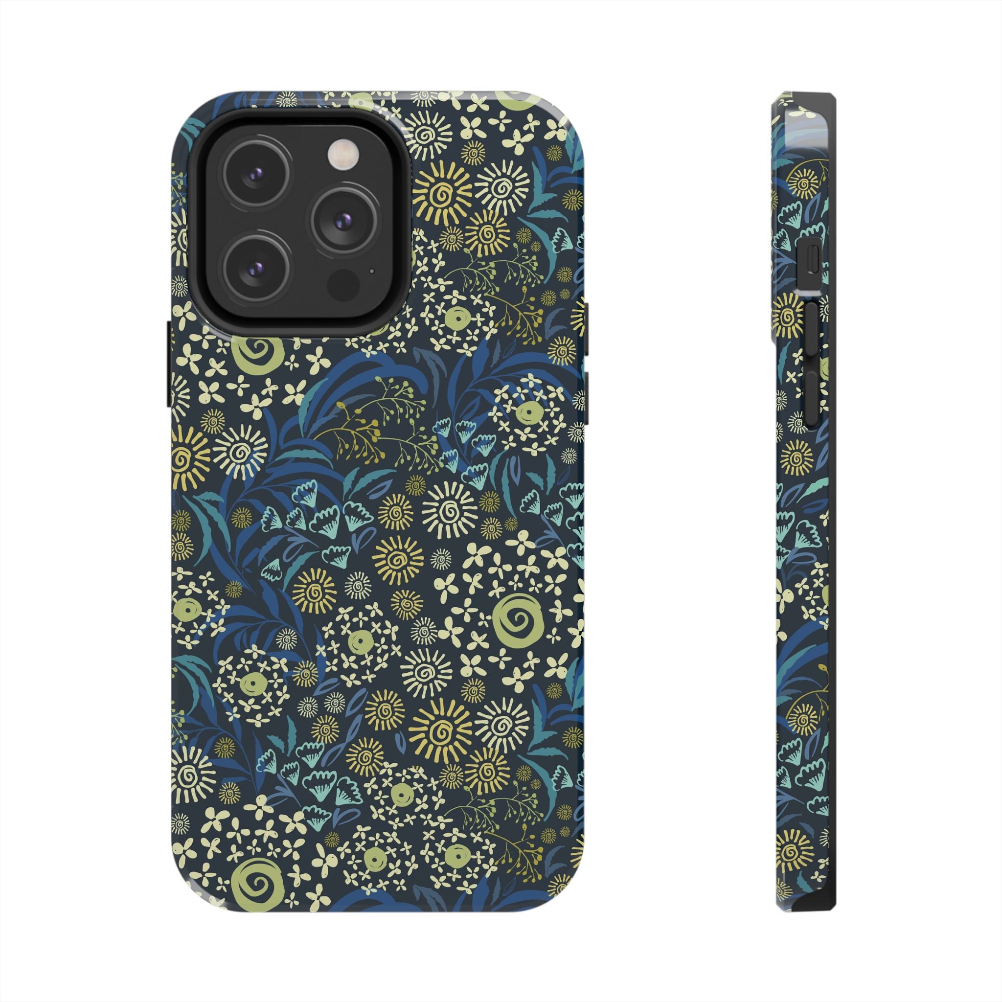 Botanic Breeze blue floral case with whimsical design on an iPhone showing front and side views - cute iPhone case cover to prevent scratches