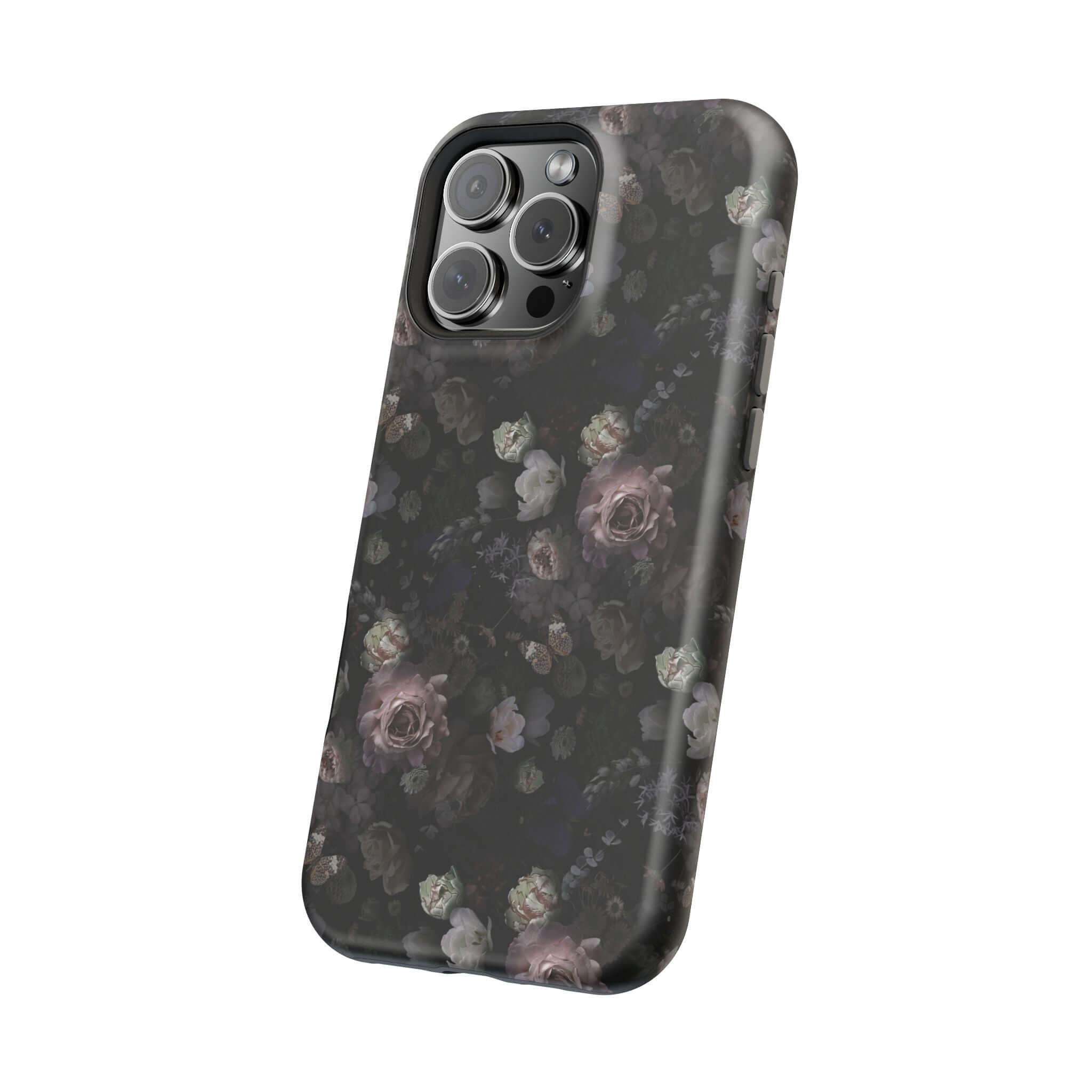 Midnight Curse black floral MagSafe iPhone case with cute black roses, stylish phone cover, perfect floral iPhone accessory.