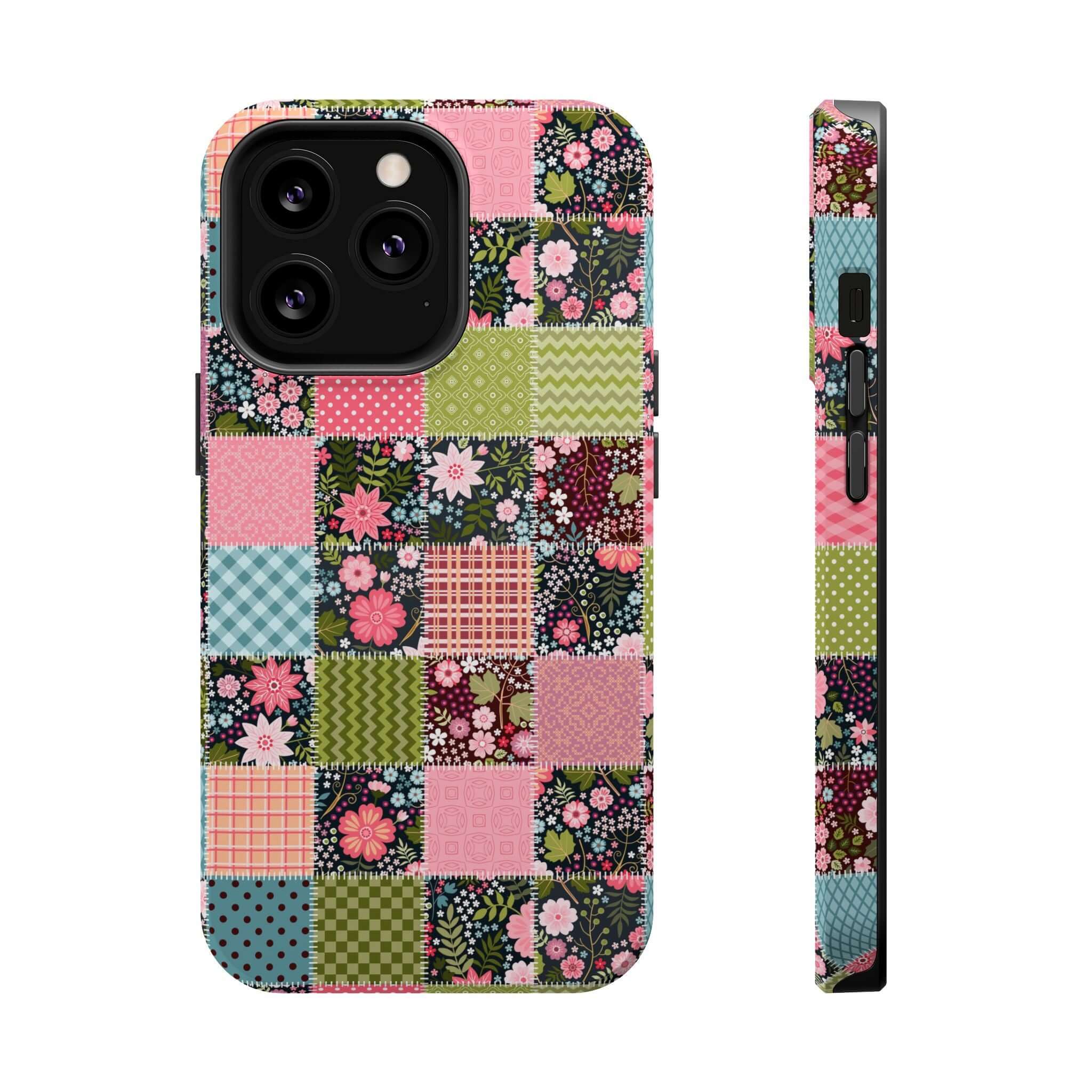 Cute MagSafe iPhone case with a floral patchwork design, perfect for the free-spirited granola girl.