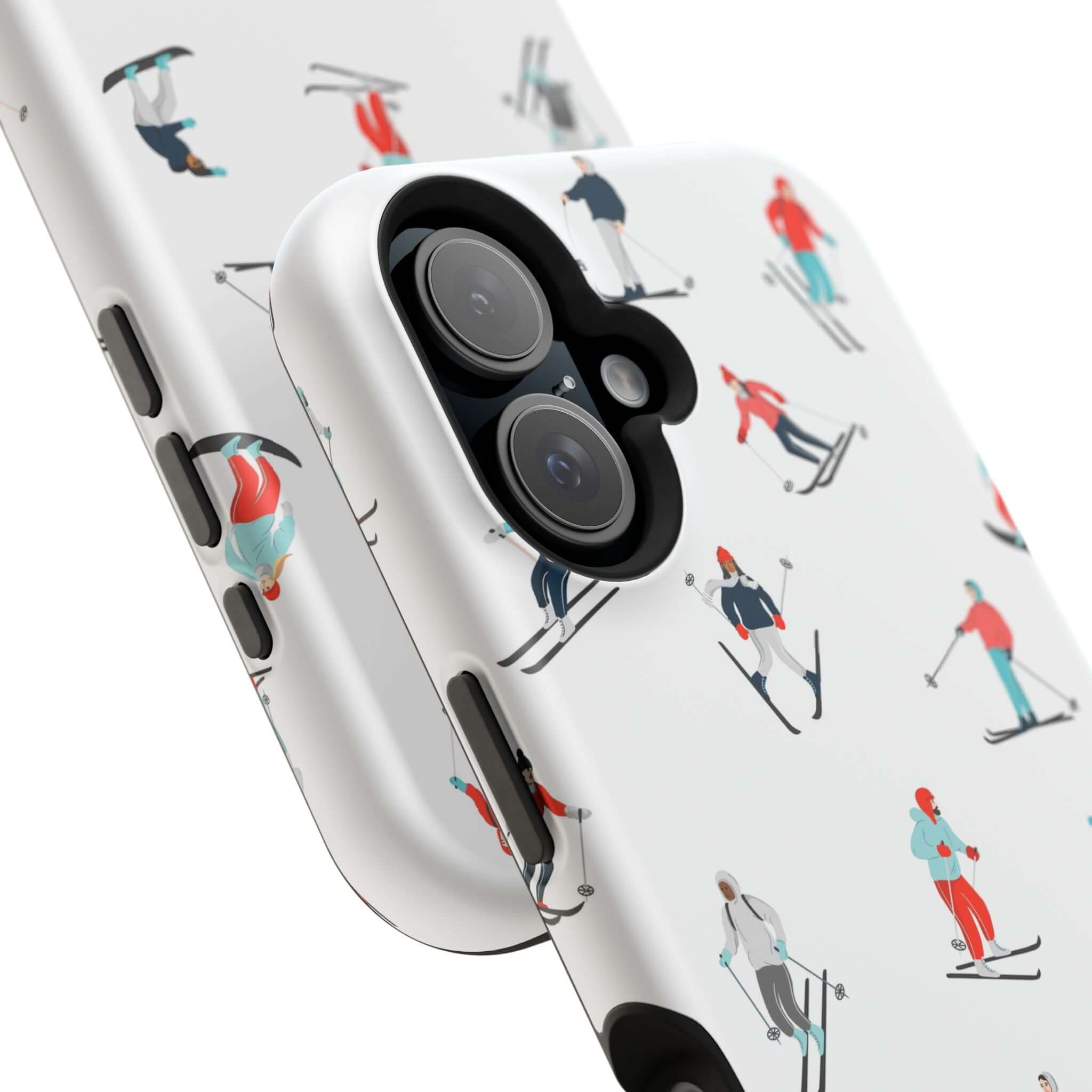 Cute phone cover featuring snow skiers, perfect winter skiing case for iPhone fans on the slopes.