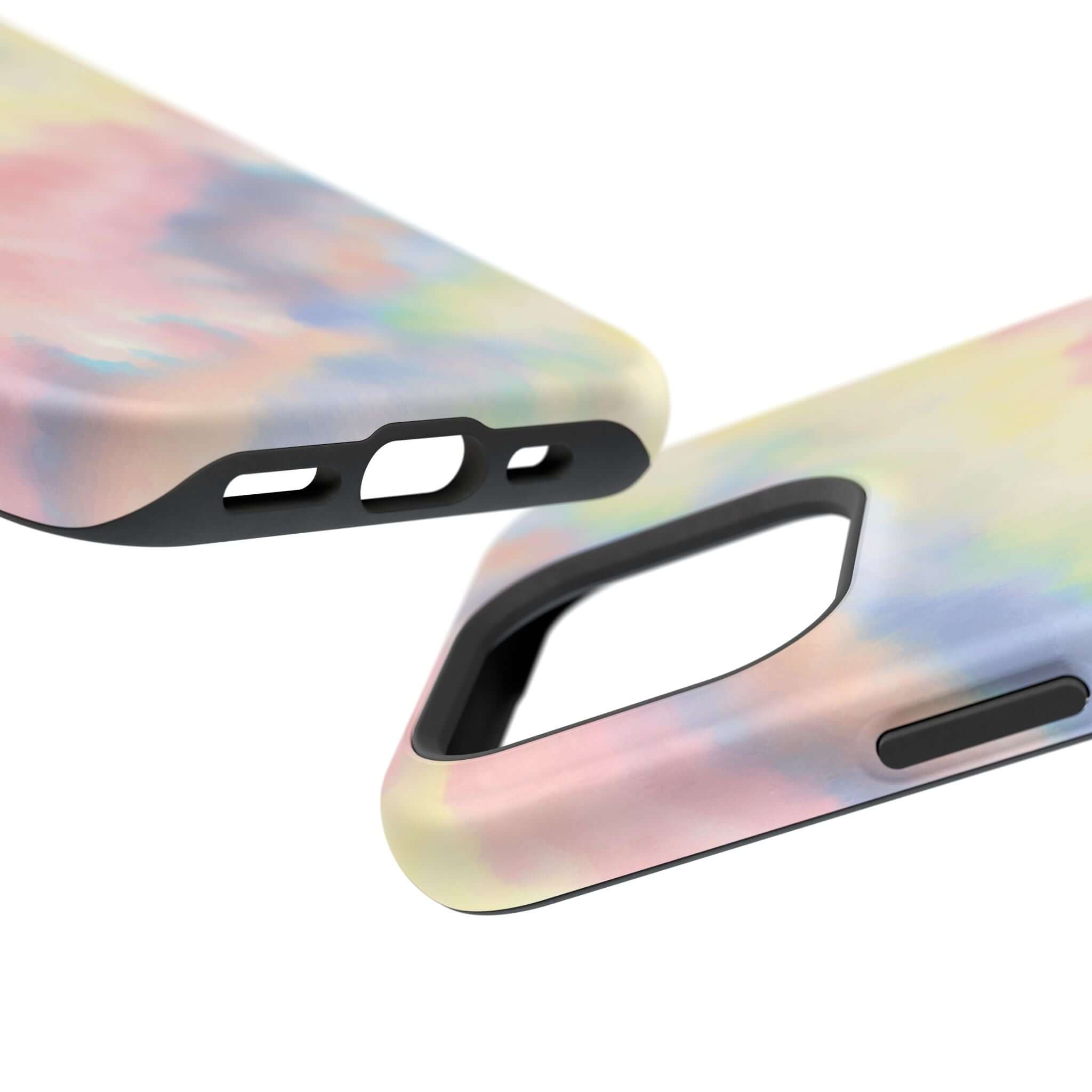 Cute pastel tie dye iPhone case with MagSafe compatibility, showcasing colorful phone case design for a unique, custom look.