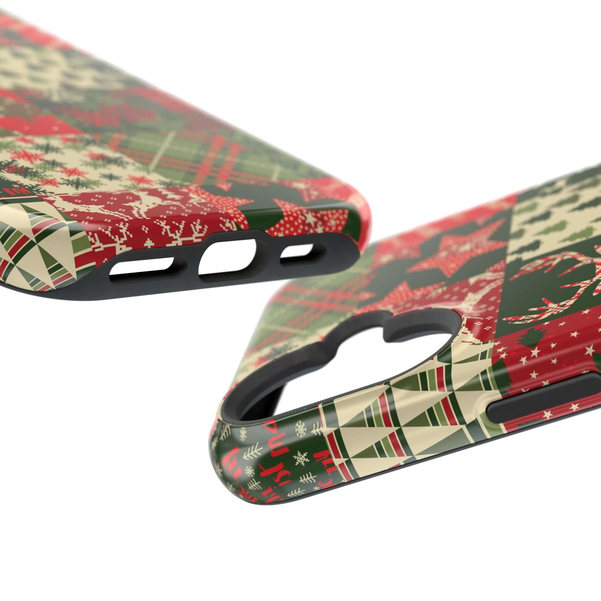 Cozy Quiltmas MagSafe case with festive Christmas design, holiday phone cover featuring red, green patterns, perfect Xmas gift.