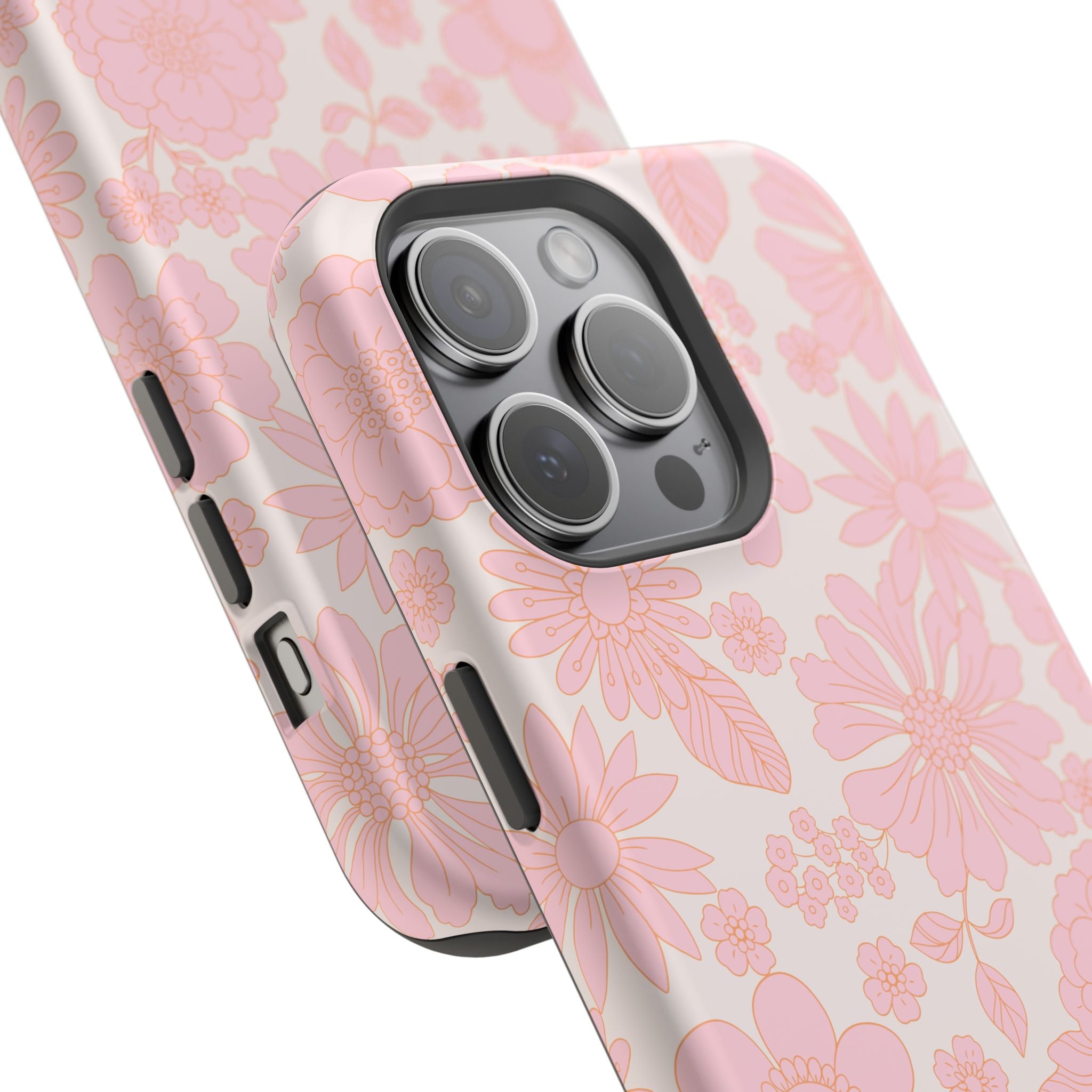 Pink floral phone case for iPhone 16, cute and charming MagSafe cover with cottagecore aesthetic.