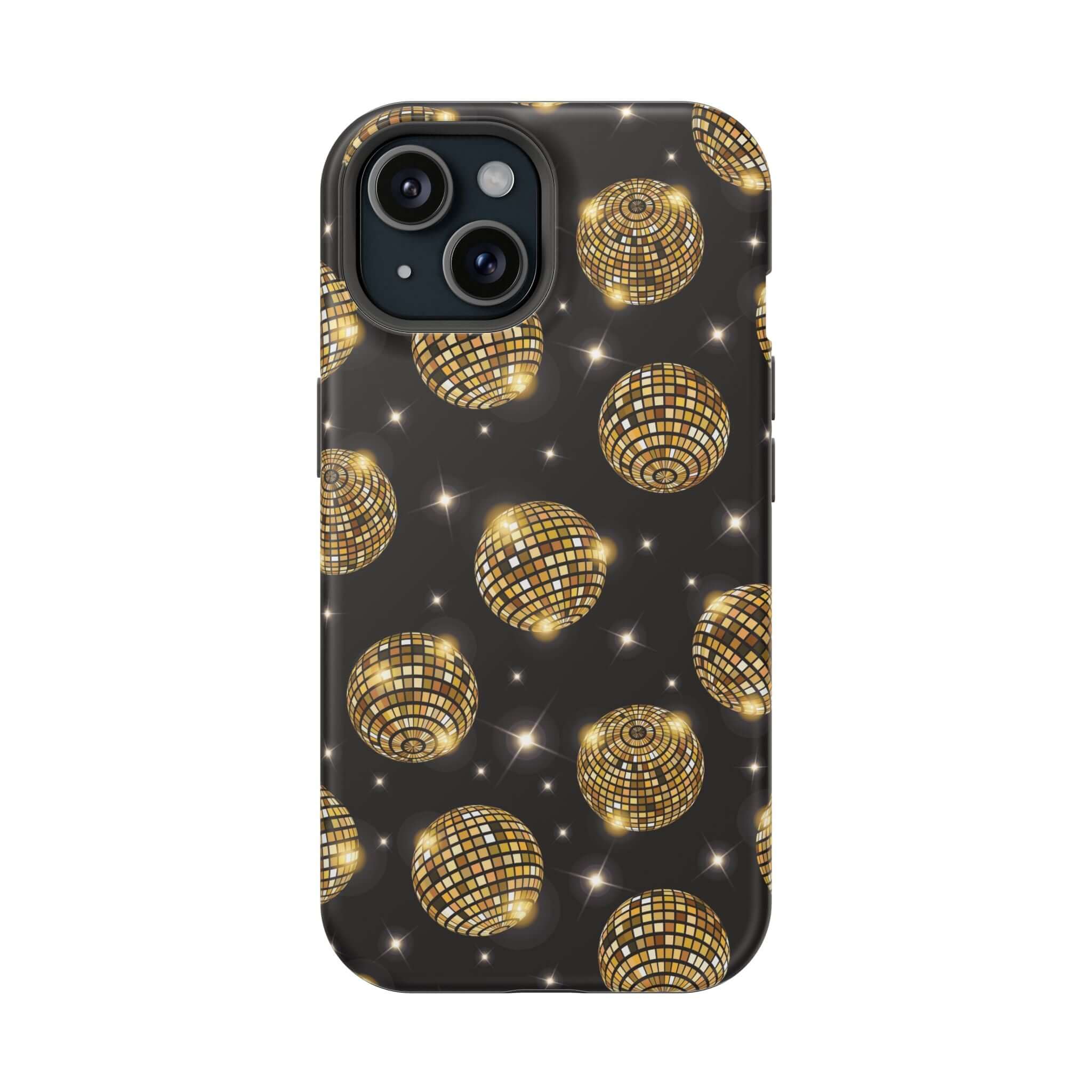 Gold disco ball design iPhone 14 case with free shipping, perfect cute phone cover for dancing the night away.