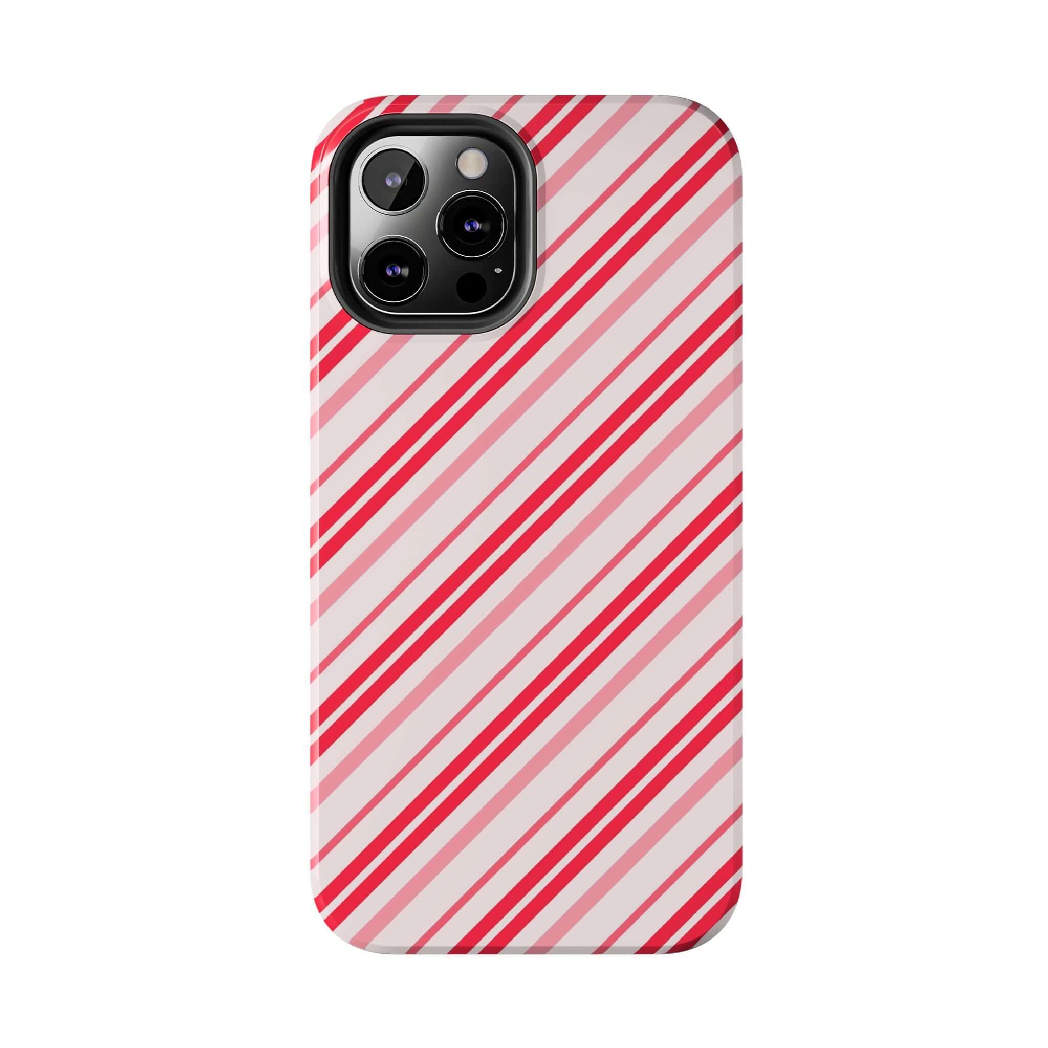 Striped holiday phone case with candy cane design featuring red and white stripes, perfect for cute custom iPhone style.