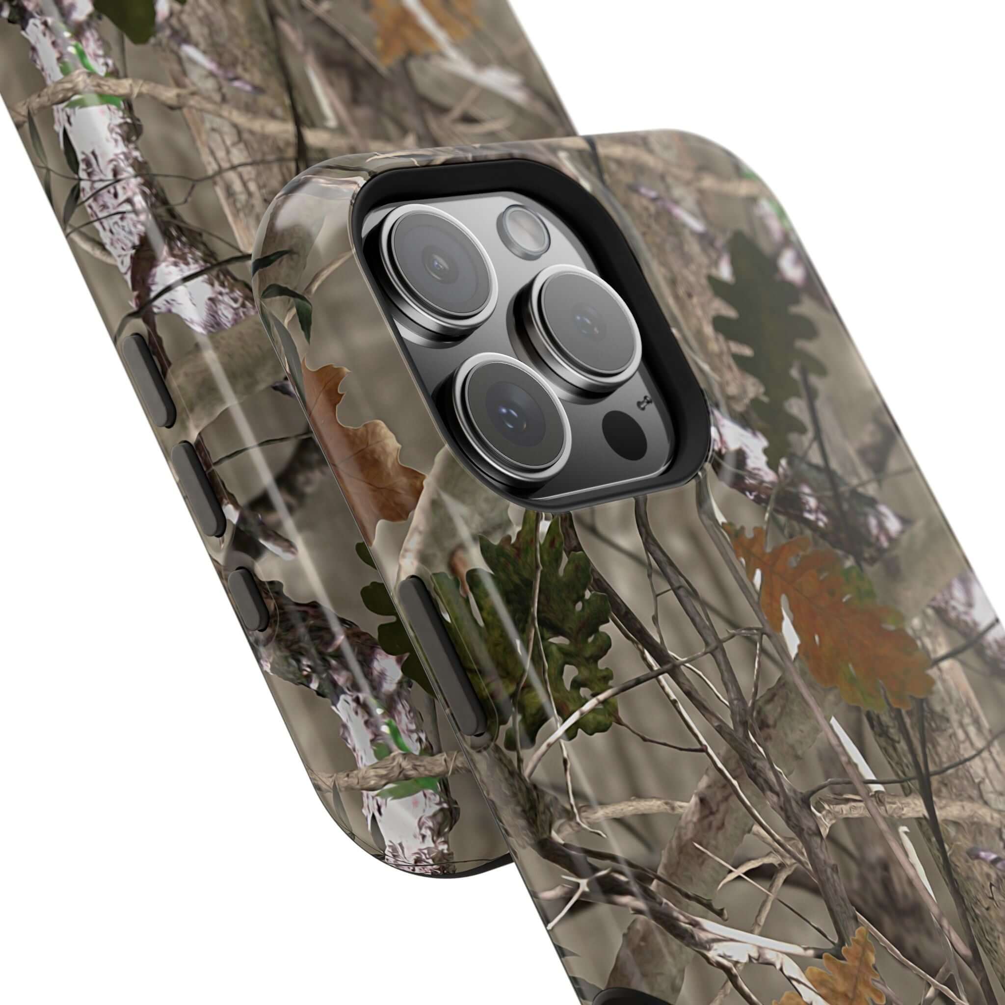 Forest camo phone case with MagSafe compatibility for iPhone, featuring a modern animal print design for stylish protection.