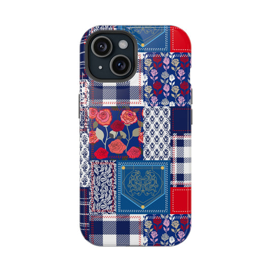 Crimson Bloom blue patchwork cute iPhone case with colorful floral design for cottagecore style. Phone case for iPhone.