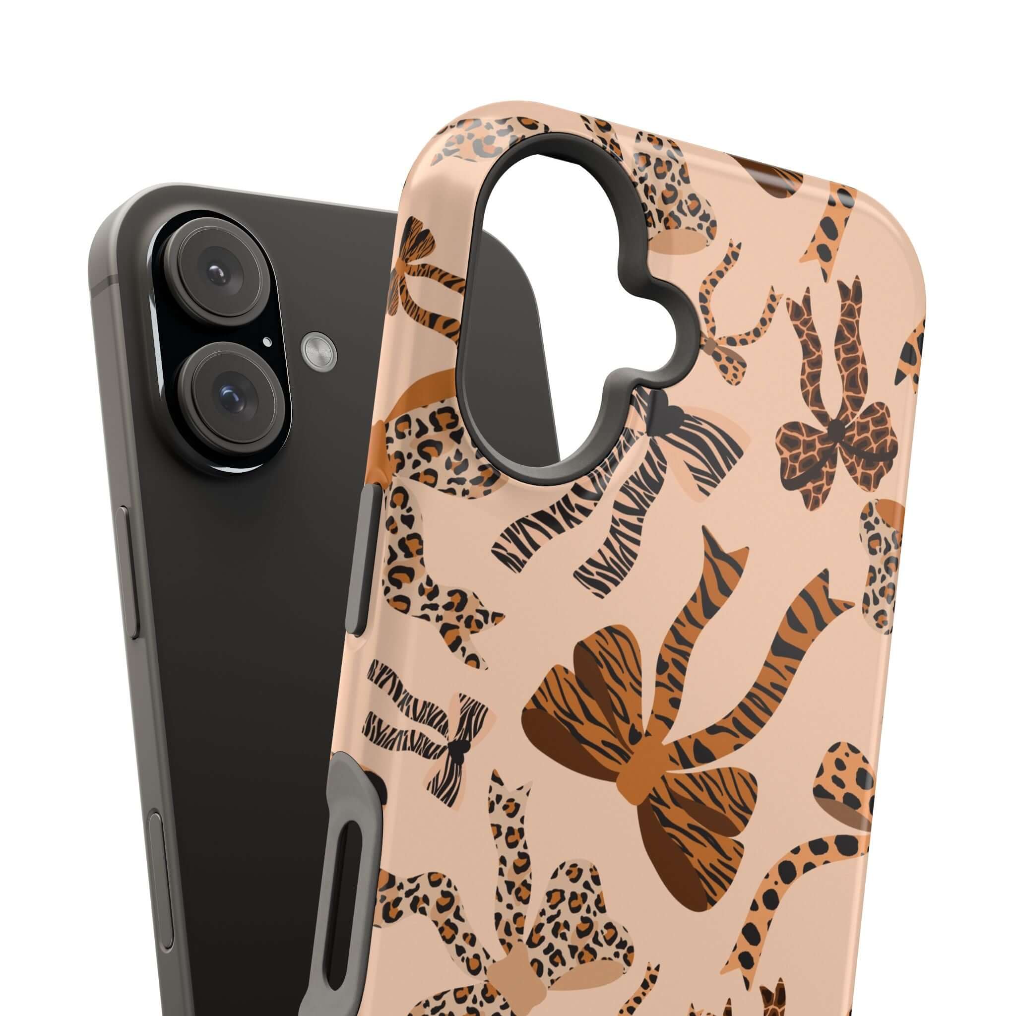 Colorful iPhone case with cute coquette bows and leopard pattern, adds fun to your phone, abstract design, cute phone case style.