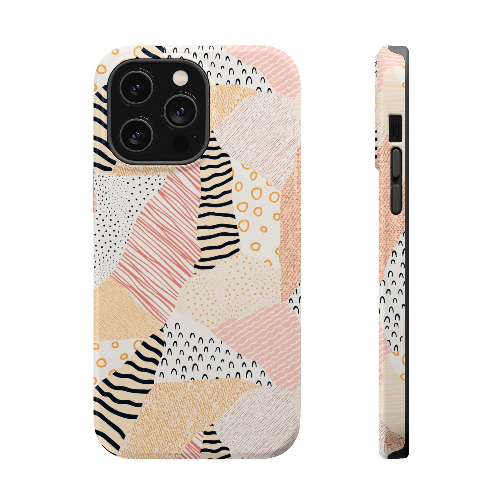 Cute pastel patchwork phone case for iPhone 16 with vibrant colors and peach tones, perfect for adding fun to your device.