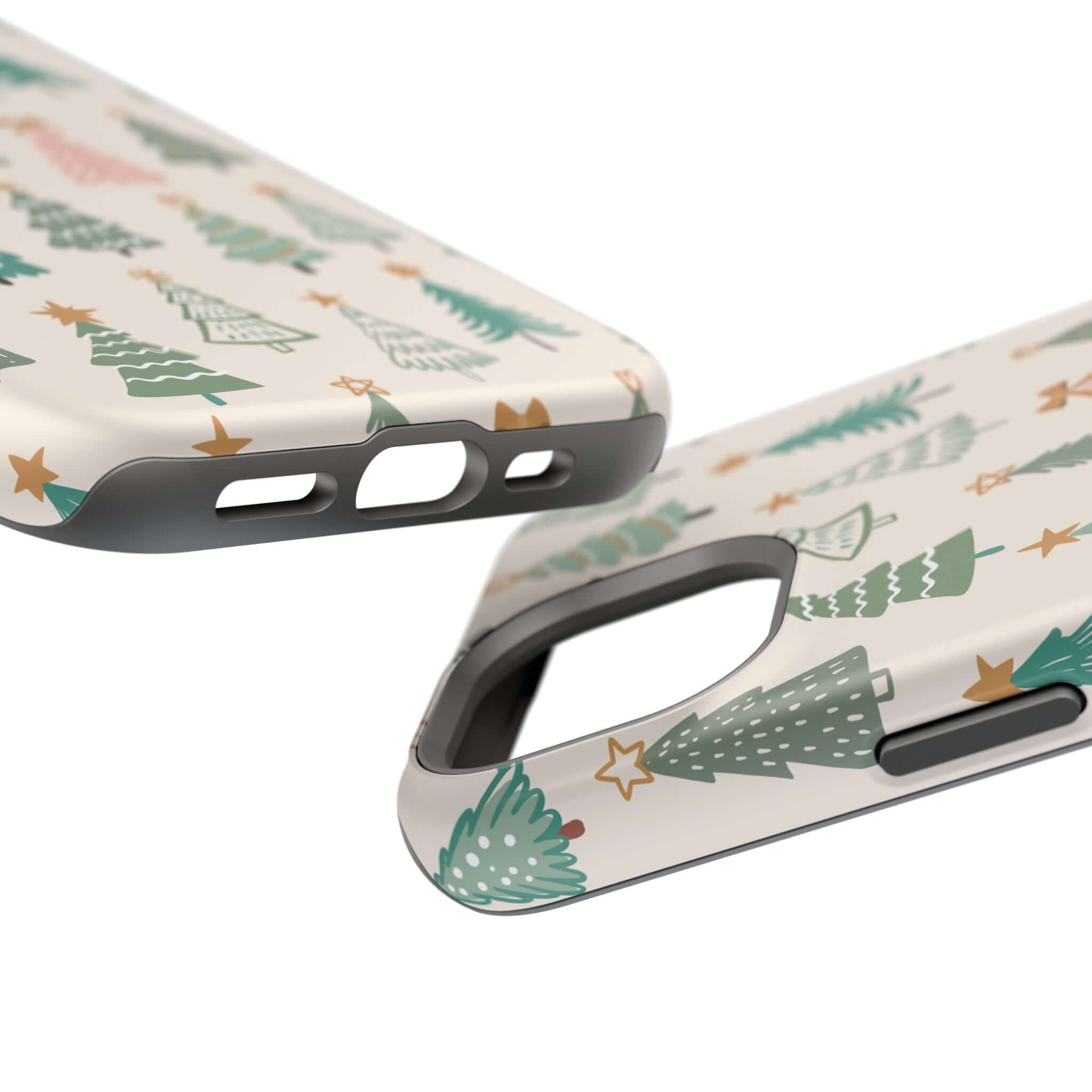 Christmas tree MagSafe phone case with festive holiday design, featuring green and gold accents for a cute and stylish look.