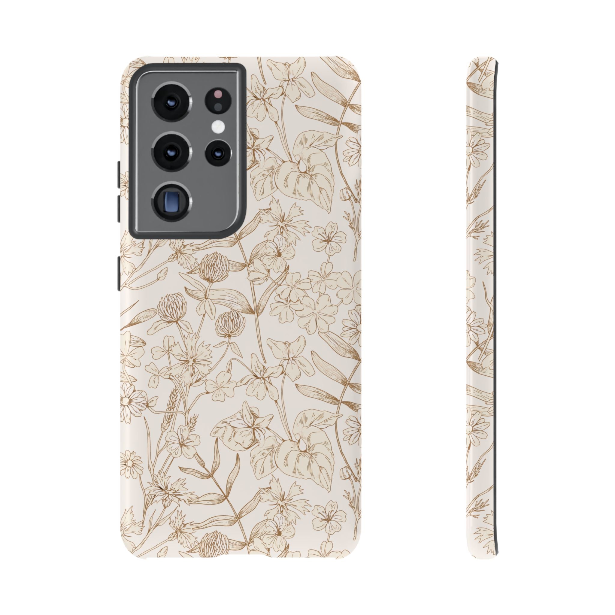 Beige Thyme and Tan Garden Cute Phone Case for Samsung, featuring a floral design in neutral tones. iPhone 16 compatible option.