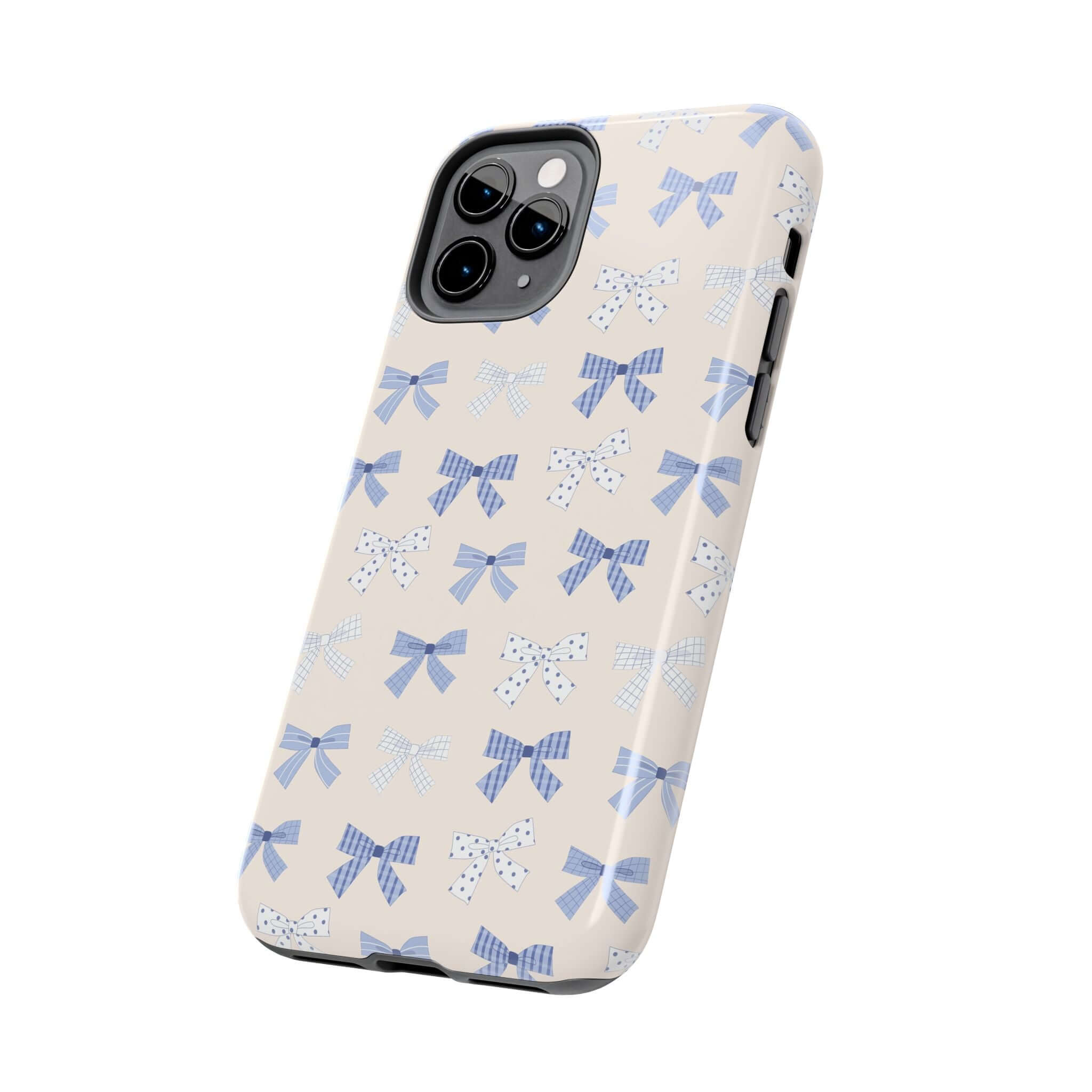 Cute phone case with blue bow design for iPhone 16, perfect for a bride-to-be. Protects your phone and adds a playful touch.