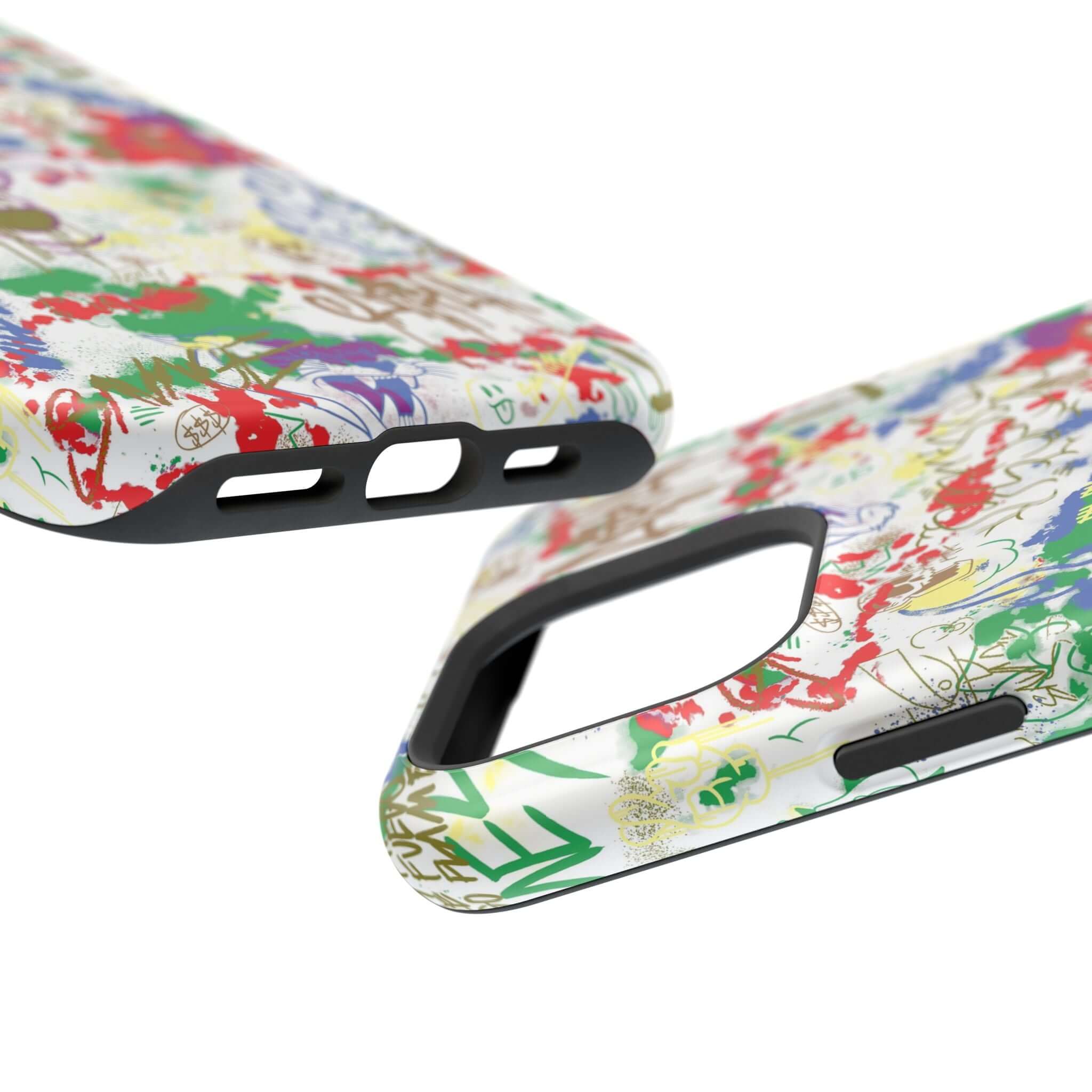 Colorful graffiti phone case design showcasing vibrant street art details and MagSafe technology for iPhone.