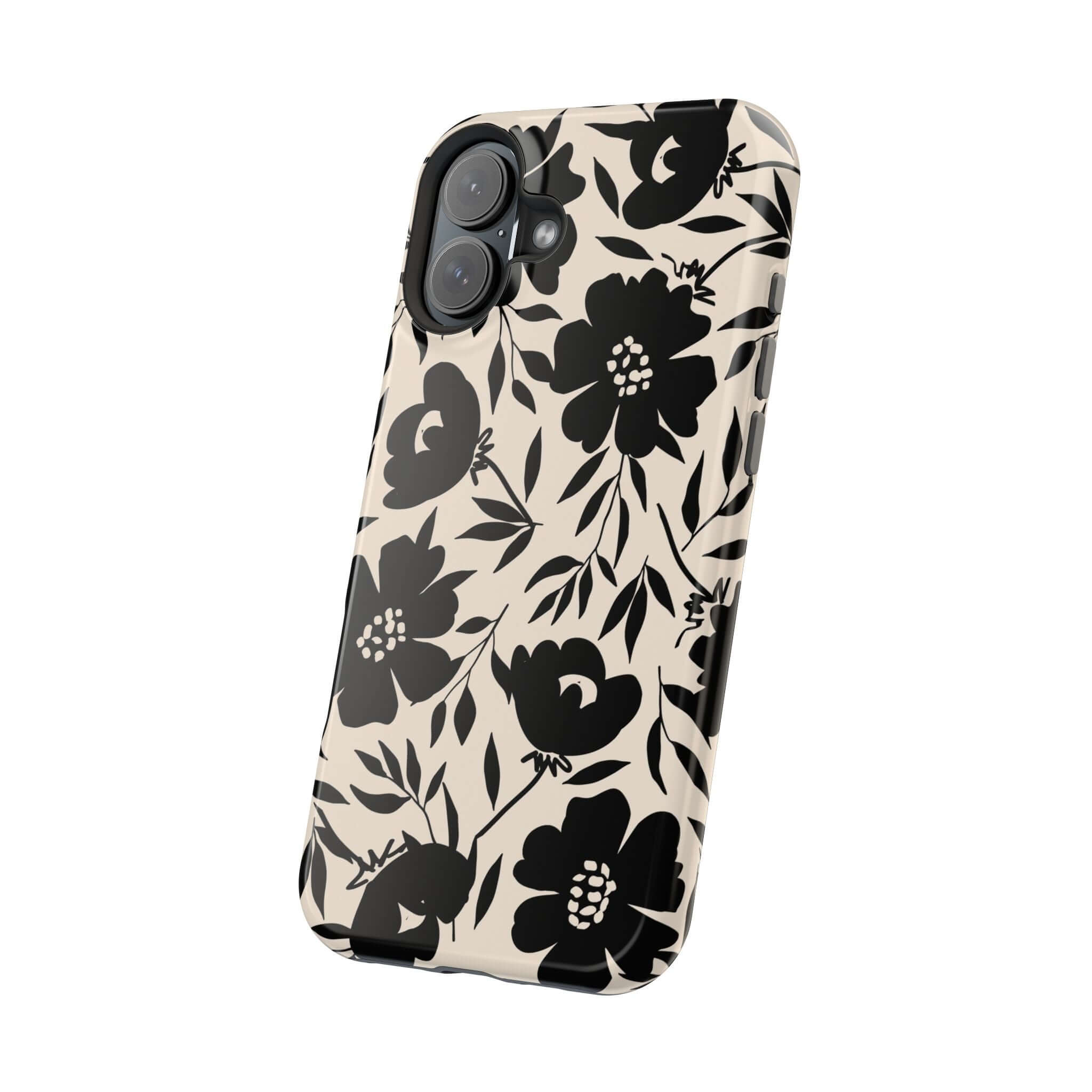 Black Floral iPhone 16 Case, Cute Phone Case with Bold Design, Eclipse Garden Collection