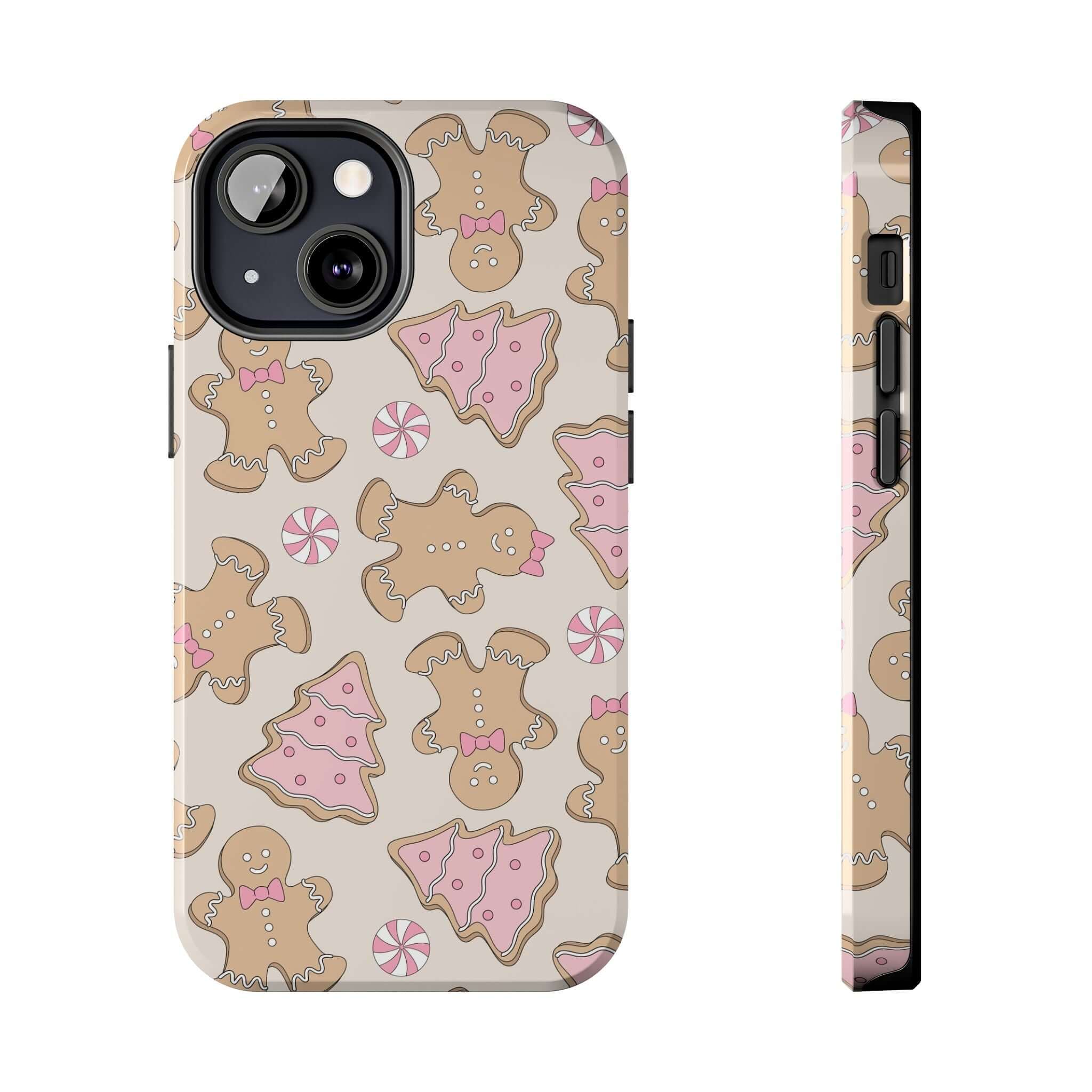 Cute iPhone case with gingerbread and holiday pattern, perfect Christmas phone cover gift, colorful and festive design.