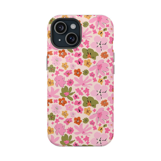 Pink floral iPhone case with MagSafe compatibility for iPhone 14 Pro Max, featuring a cute and whimsical flower design.