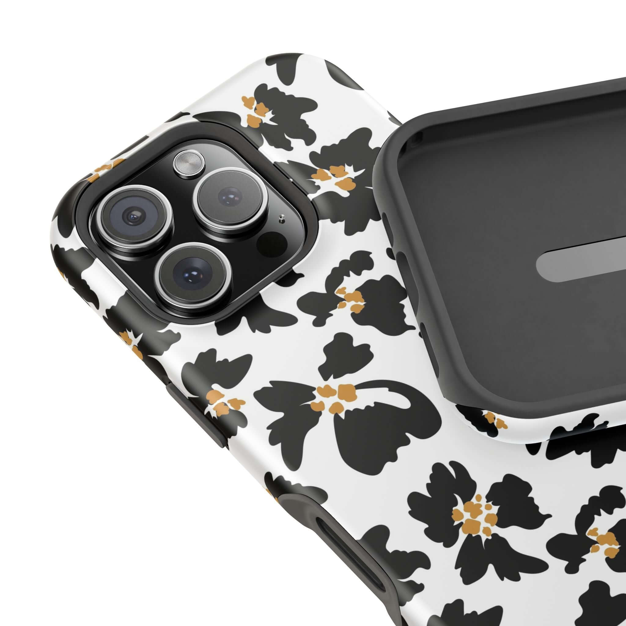 Noir Flora Black Floral iPhone Case with modern animal print design, featuring MagSafe compatibility and cute protective style.