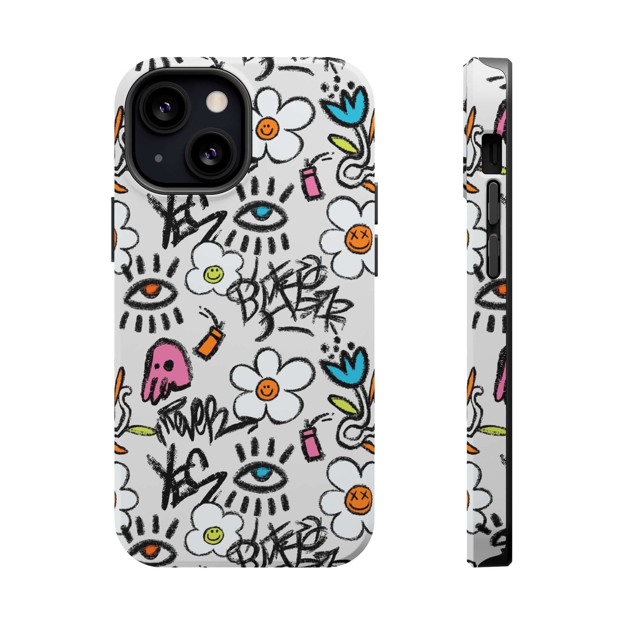 Cute phone cover with floral graffiti design for iPhone, vibrant and playful with MagSafe technology.