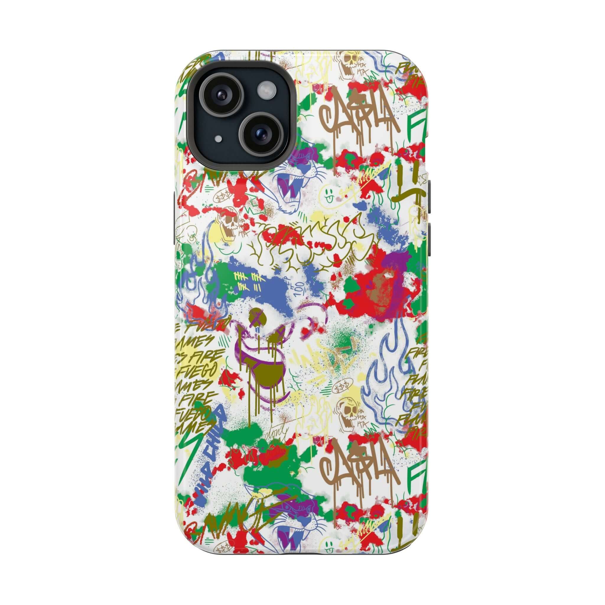 Cute phone cover with colorful graffiti design, featuring MagSafe technology for iPhone protection and style.