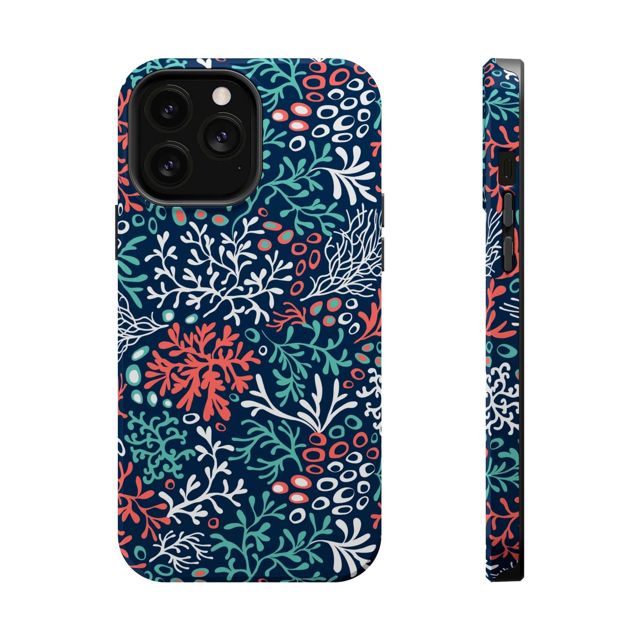 Cute iPhone 16 case with colorful coral reef design, perfect beachy accessory for phone protection.