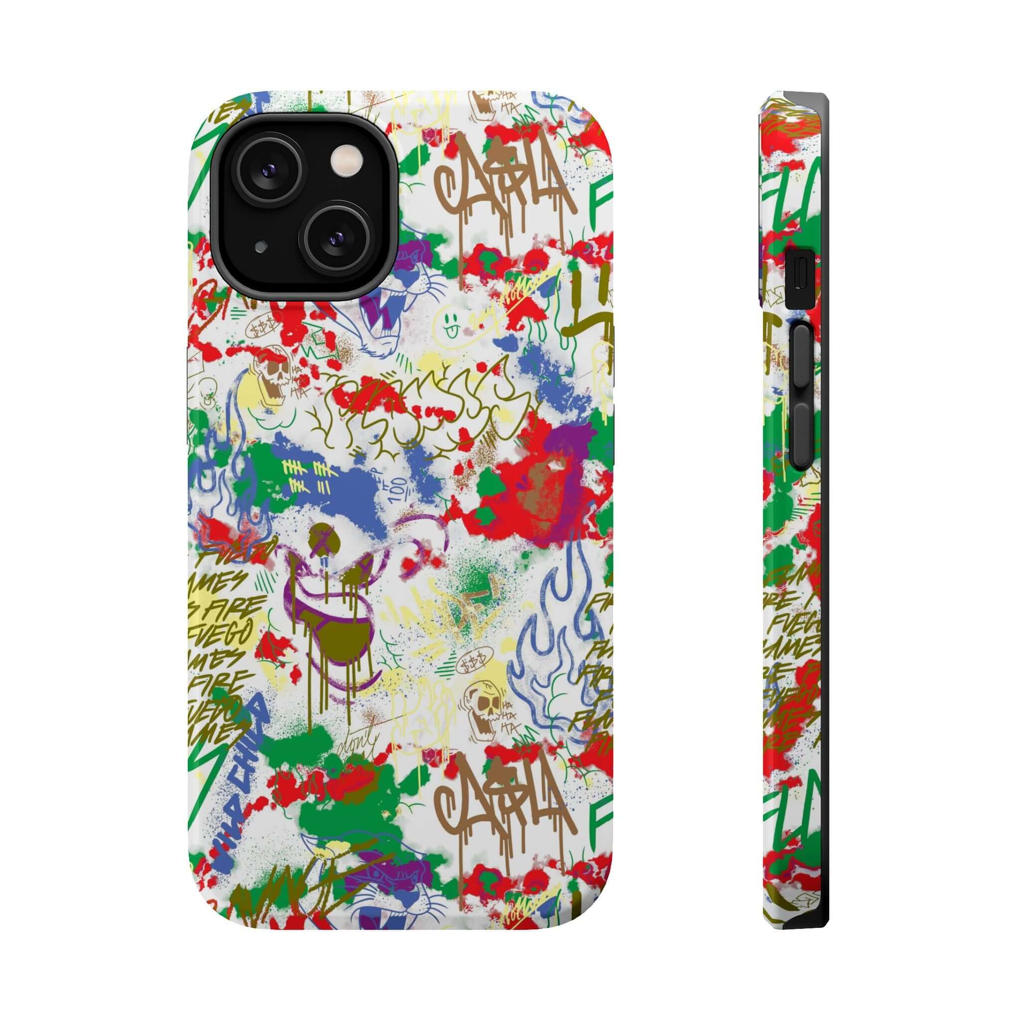 Colorful graffiti phone case featuring street art designs, perfect cute phone cover for iPhone lovers.