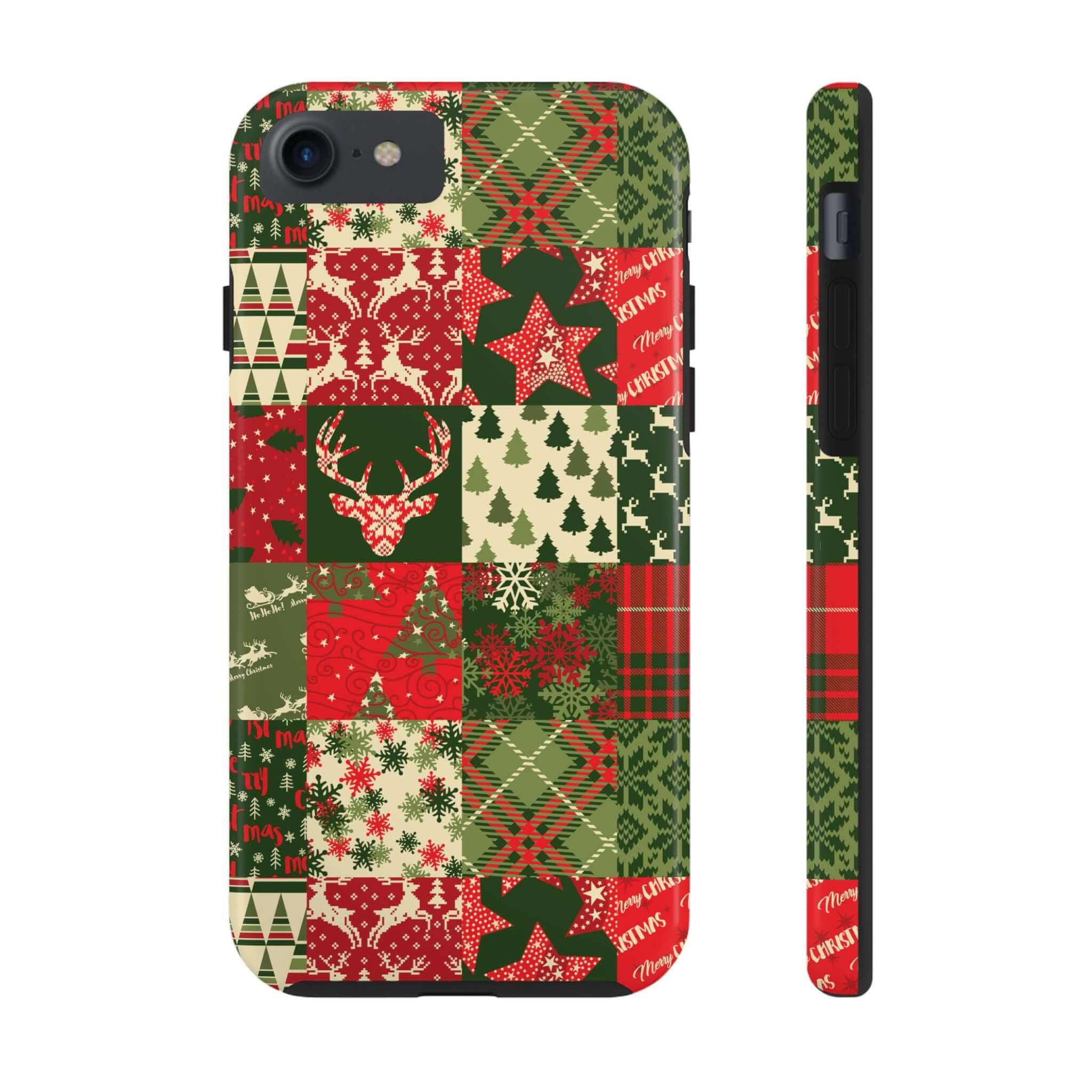 Cute iPhone case with festive green quilt, Christmas trees, deer, and holiday patterns; perfect phone case design for holiday cheer.