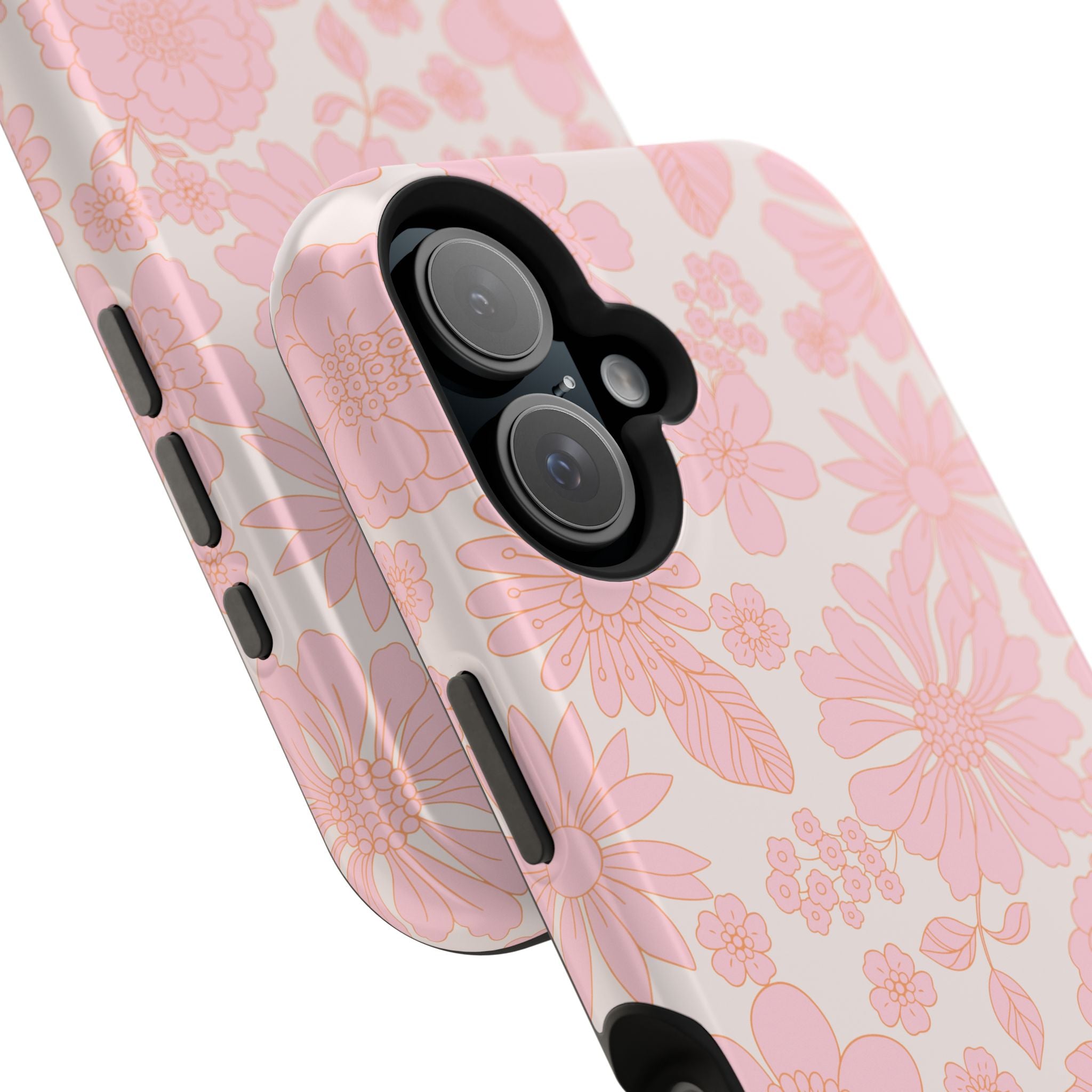 Pink floral MagSafe phone case for iPhone 16, featuring a cute whimsical design, perfect for cottagecore aesthetic lovers.