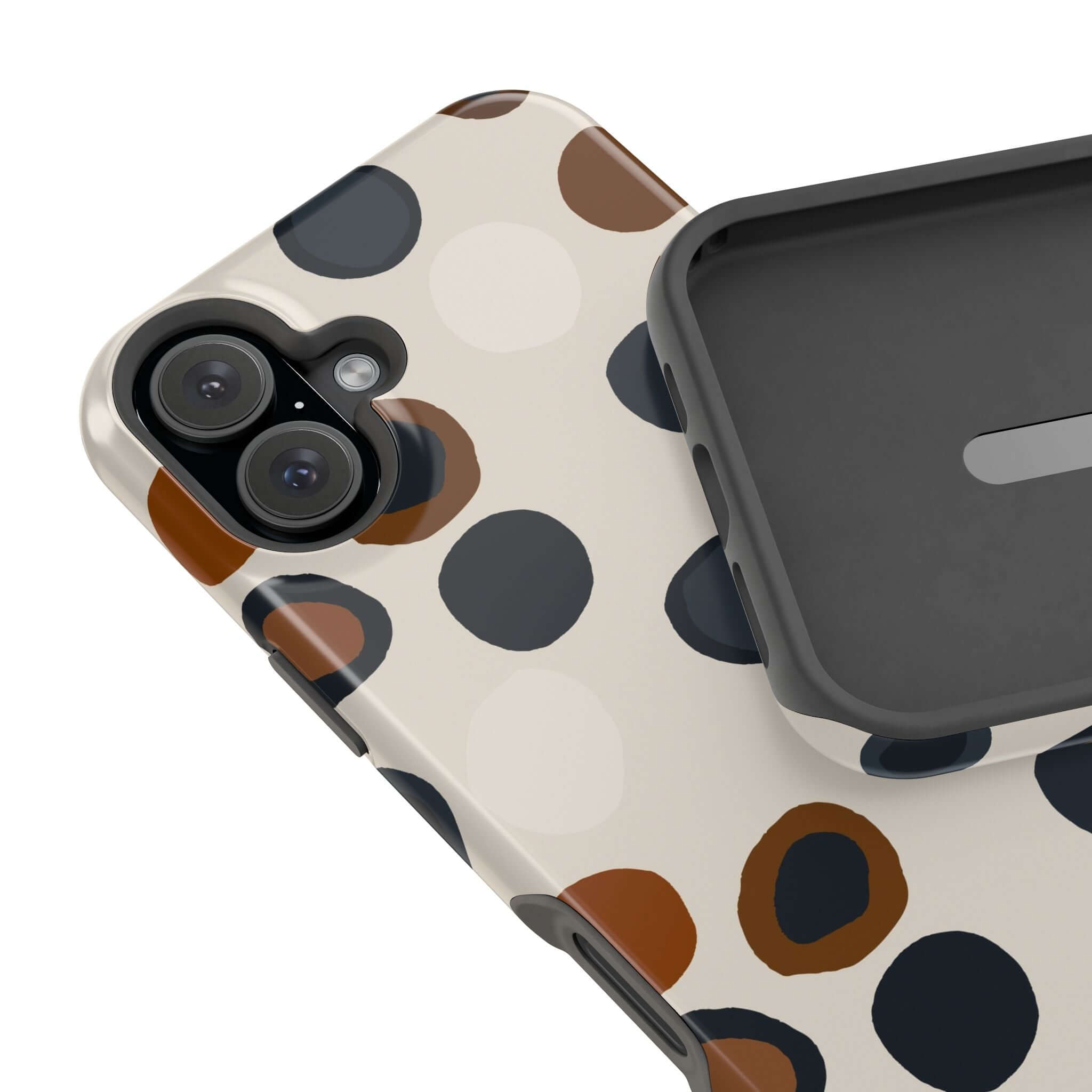 Colorful iPhone case with modern brown spots design, perfect for chic adventurers. Cute and abstract MagSafe phone case.